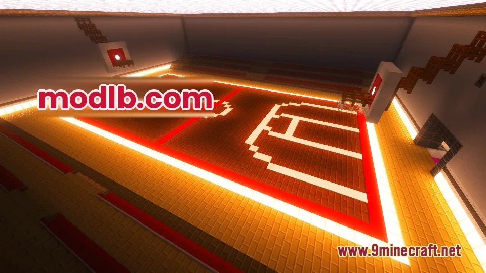 Yog Mod Screenshot 4 An indoor basketball court with a glowing red floor and wooden hoops