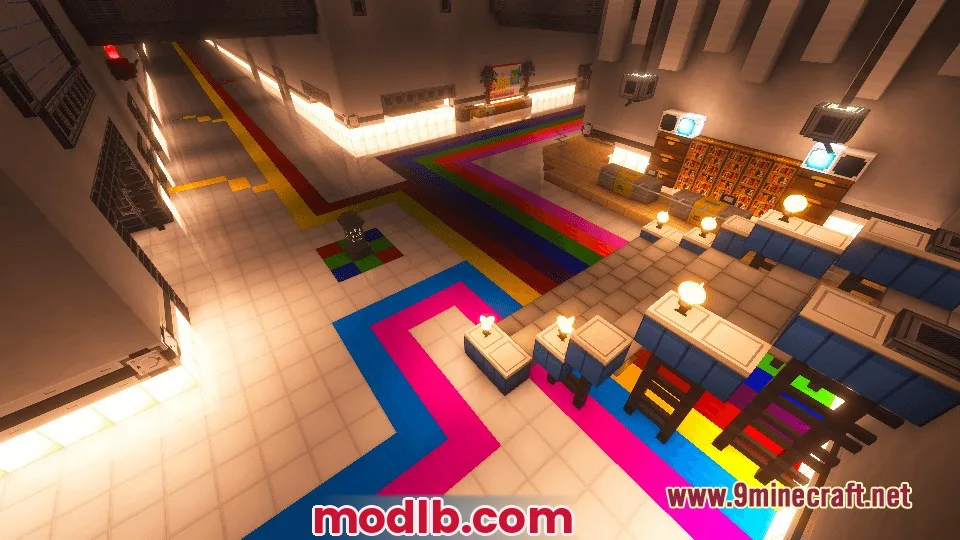 Yog Mod Screenshot 7 Yog Mod laboratory hallway decorated with colorful floor stripes and scientific equipment