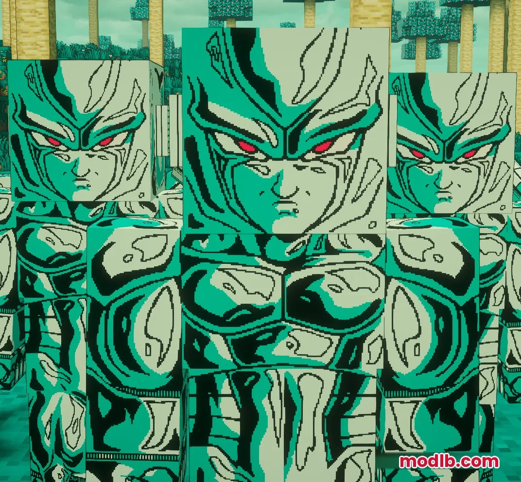 Several metallic green clones with high resolution textures standing in a forest