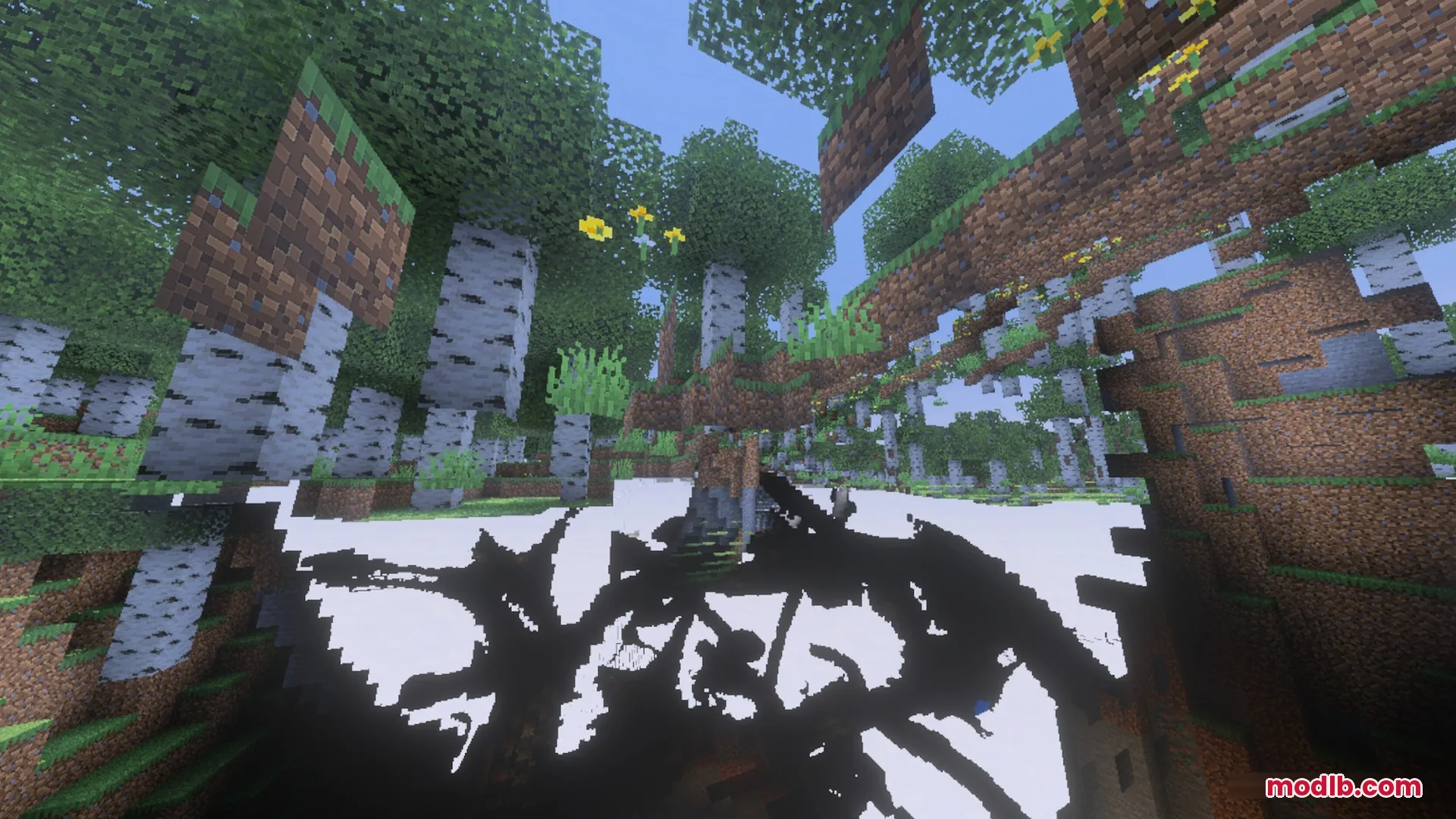 ZZZ VIBRANT VISUAL Shader Screenshot 3 Birch forest in Minecraft showing unique high contrast visual effects on the ground