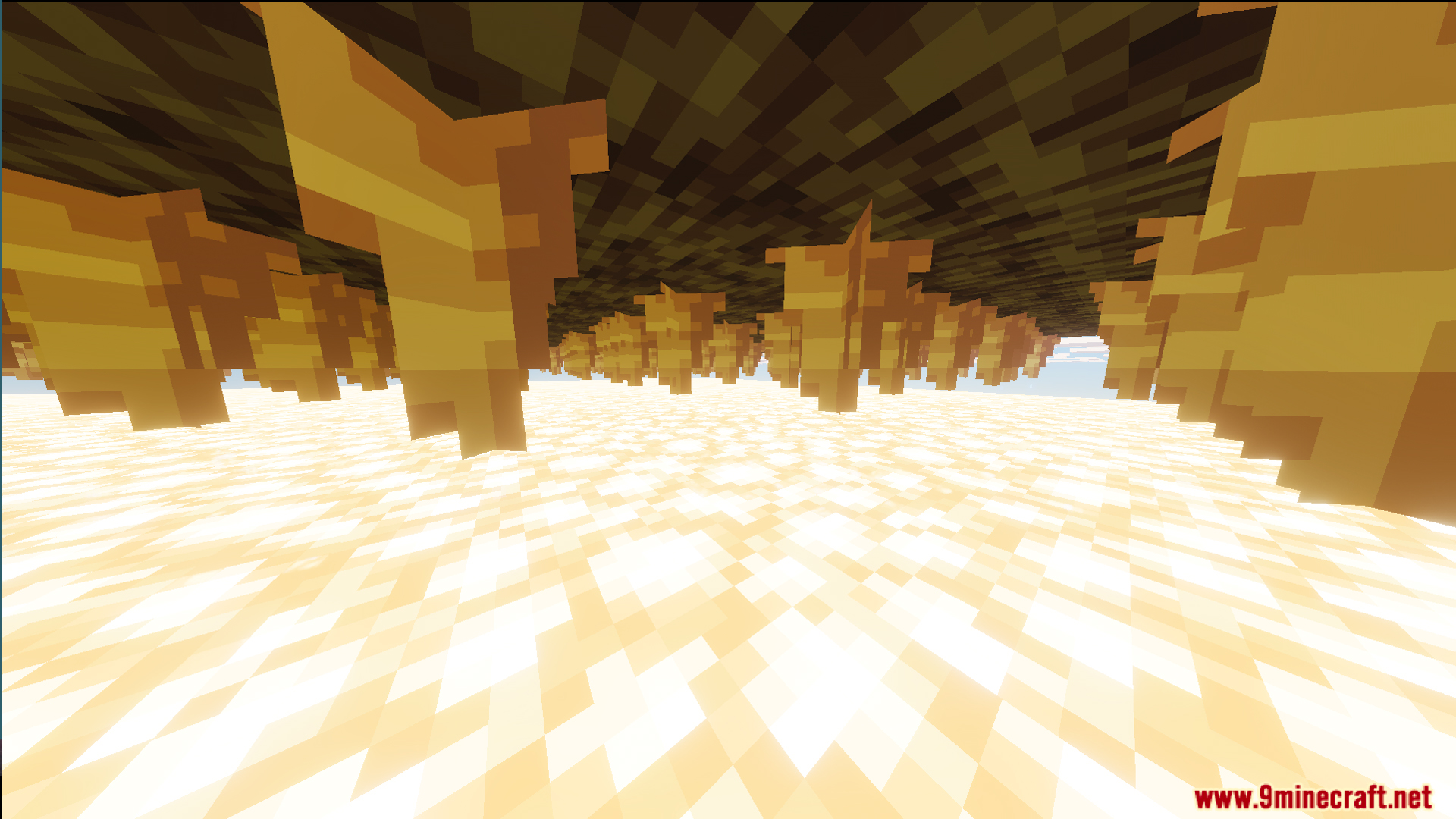 A 100 Layer Challenge Single Chunk Edition Map Screenshot 3 Stalactite like blocks hanging from a dark ceiling above a glowing floor