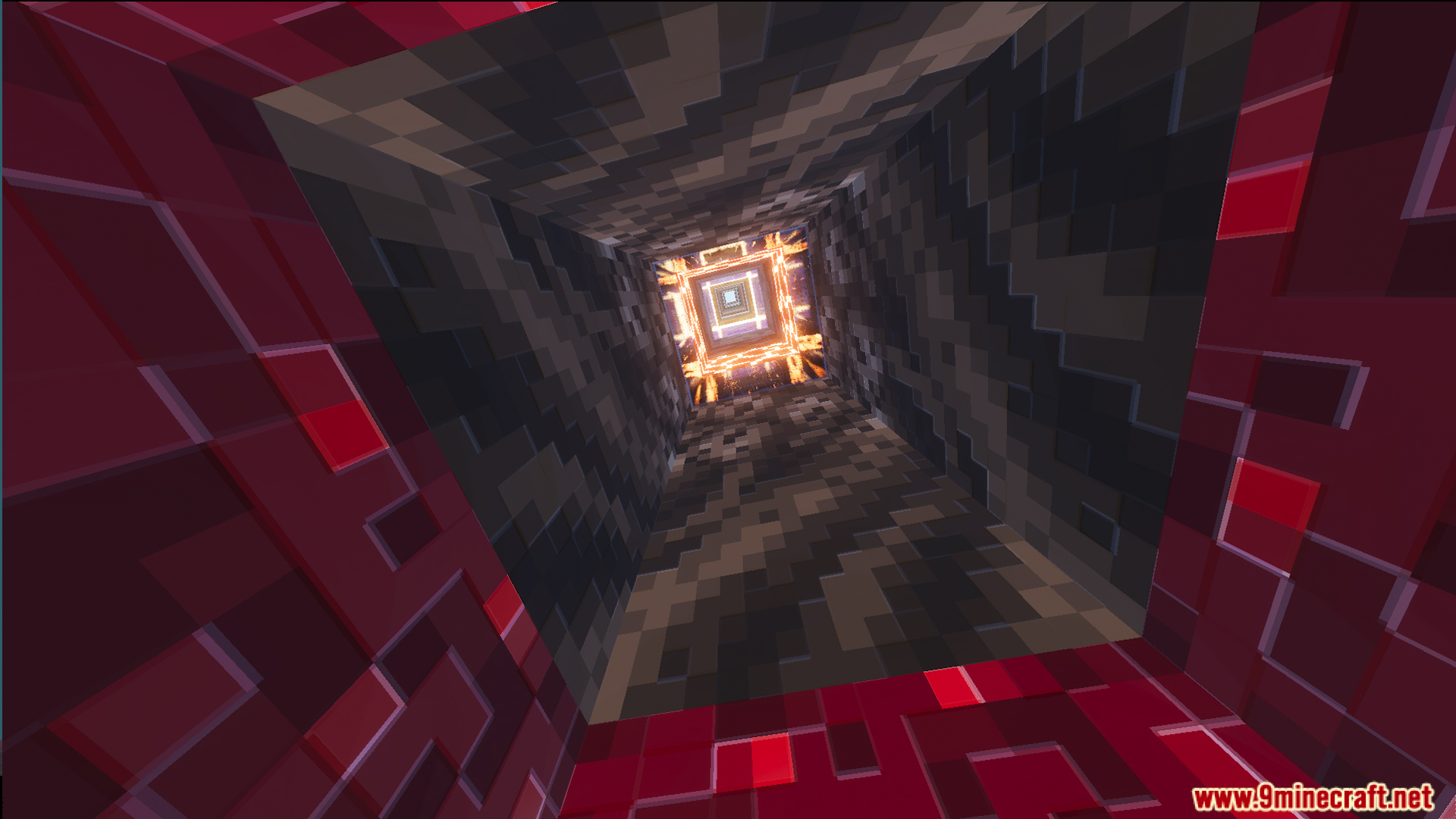 Tilted view of a long square tunnel through dark stone and nether layers