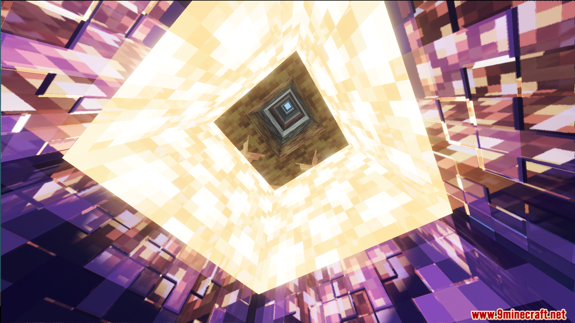 Looking through a deep vertical shaft made of glowing and purple block layers
