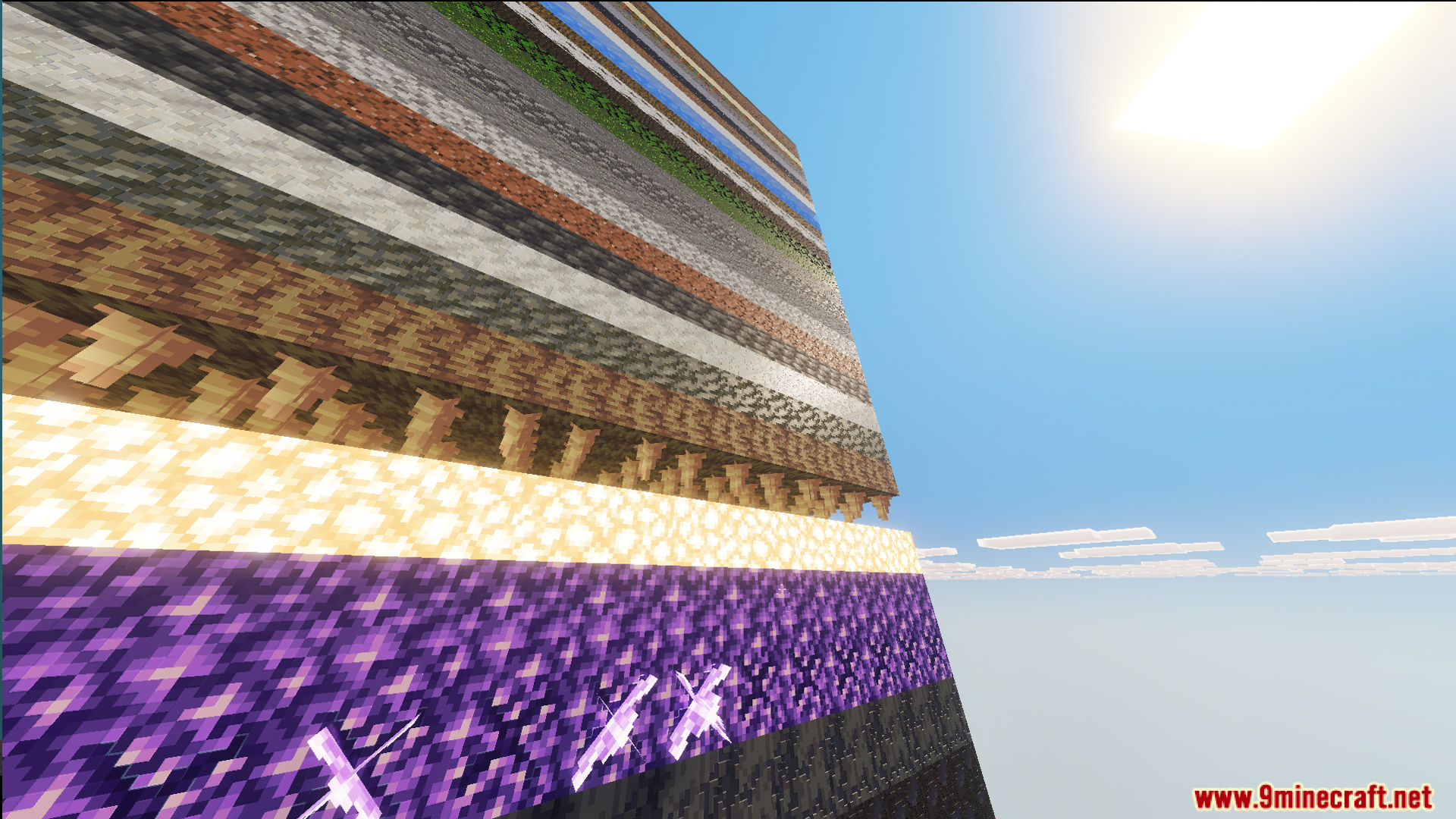 A massive wall showing many unique layers of blocks in a survival map
