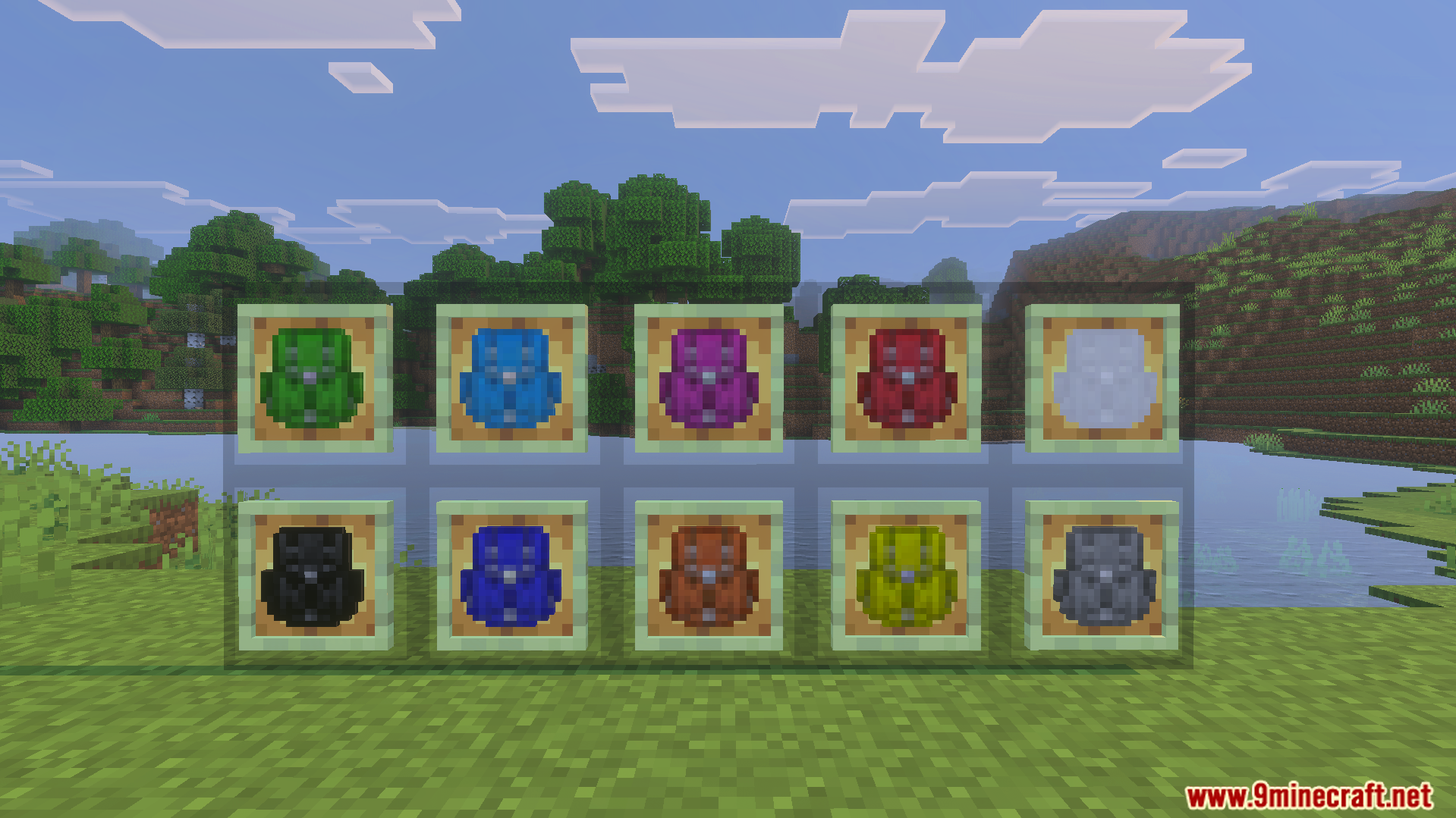 Actual Backpack Addon Screenshot 1 Ten different colored backpacks displayed in item frames on a glass wall