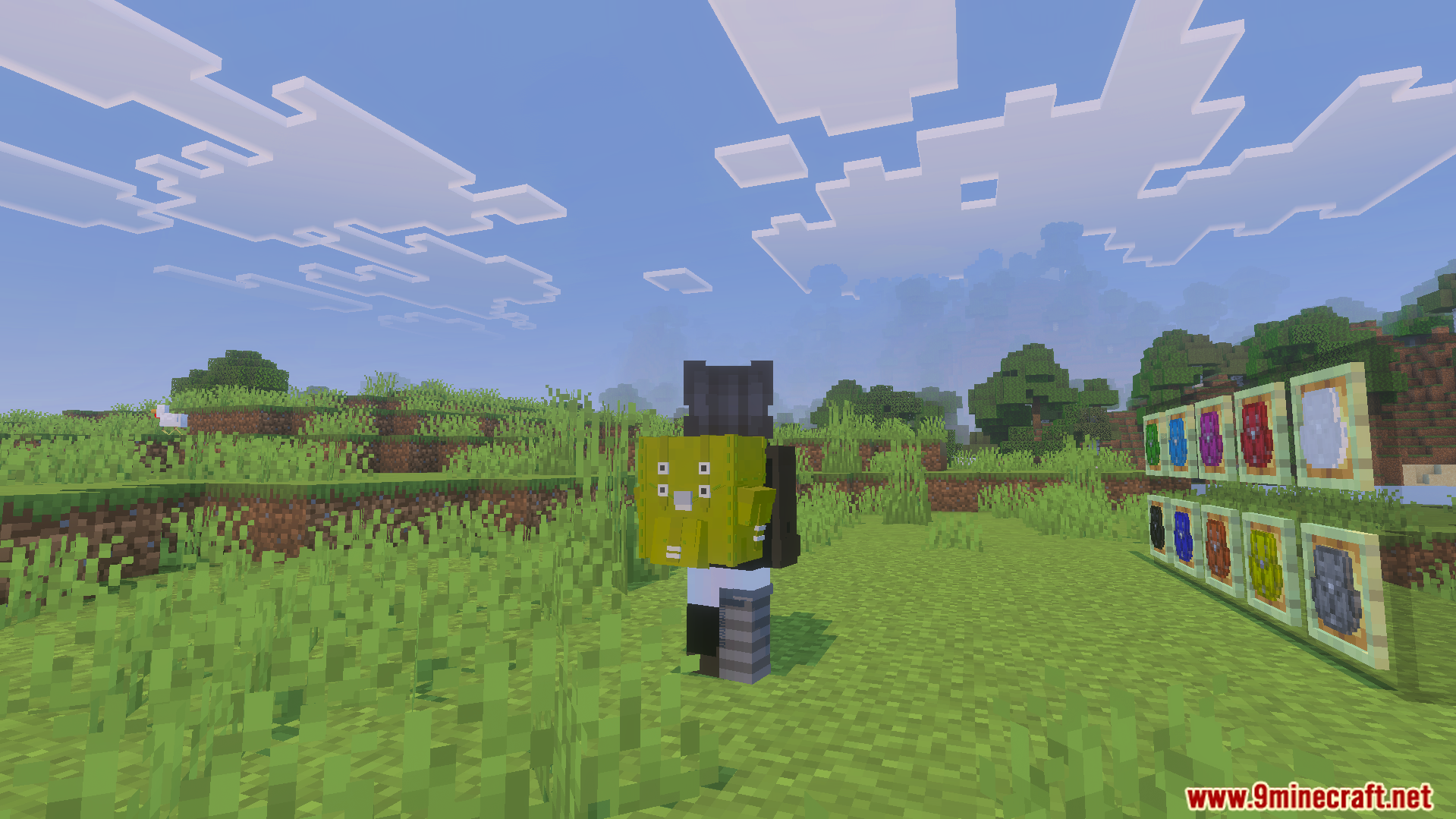 Actual Backpack Addon Screenshot 4 Player wearing a lime green backpack standing near a wall of item frames