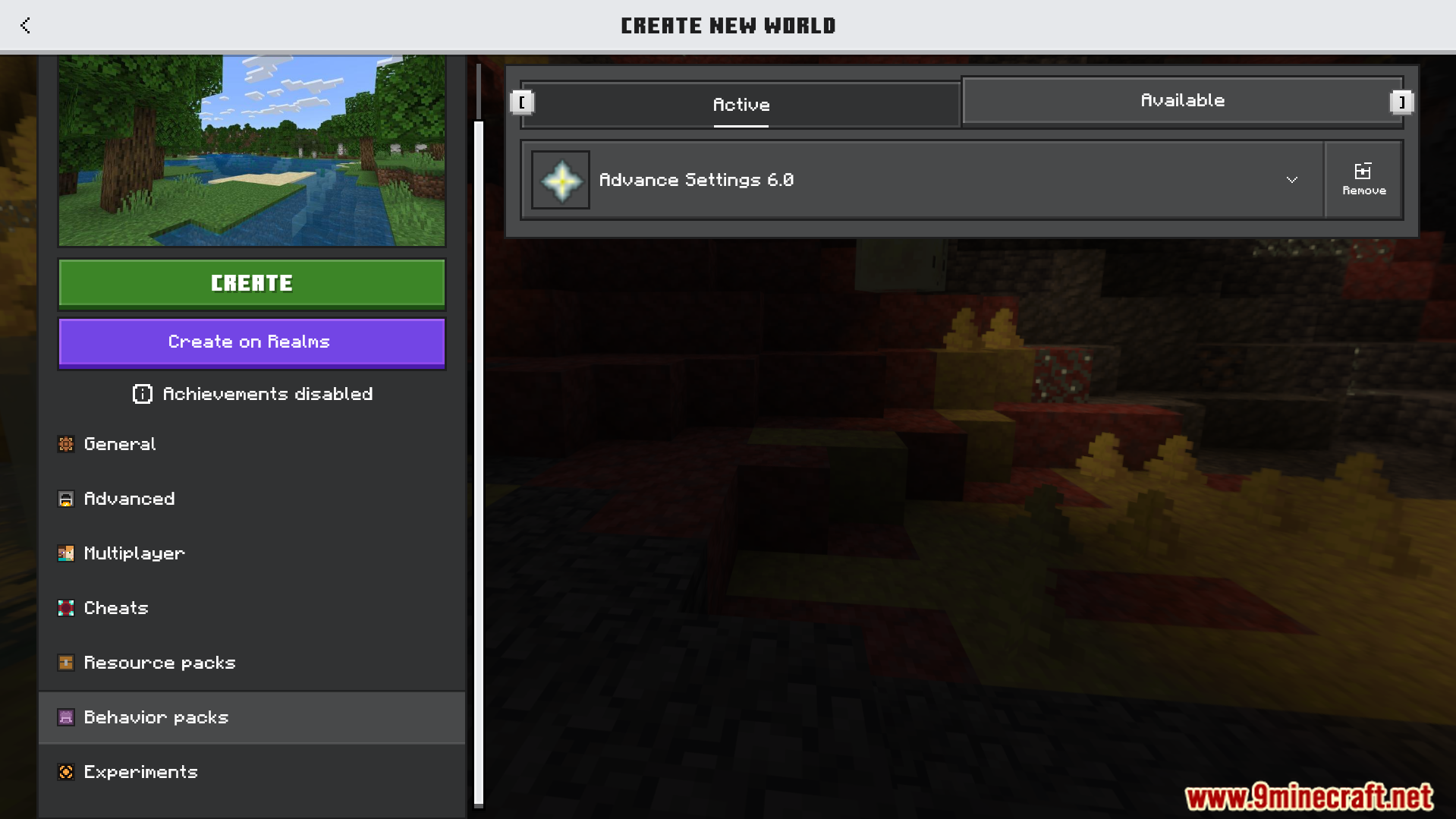 Activating the Advance Settings behavior pack in the Minecraft world creation menu screen