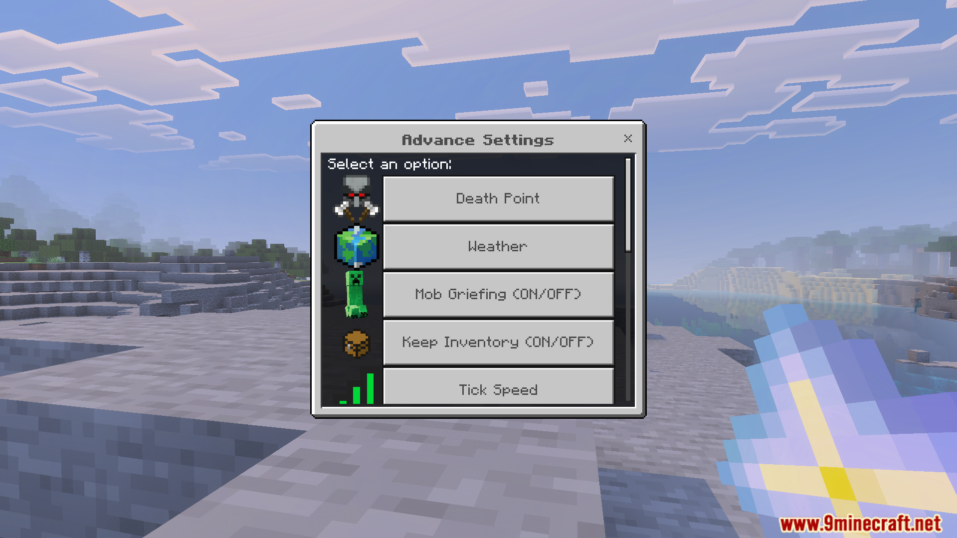 Advance Settings Addon menu showing options for weather and keep inventory rules