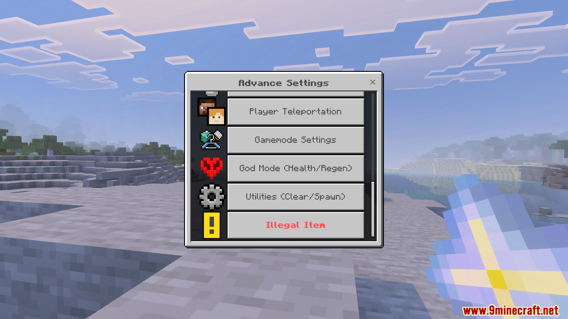 Advance Settings Addon menu showing teleportation and god mode options