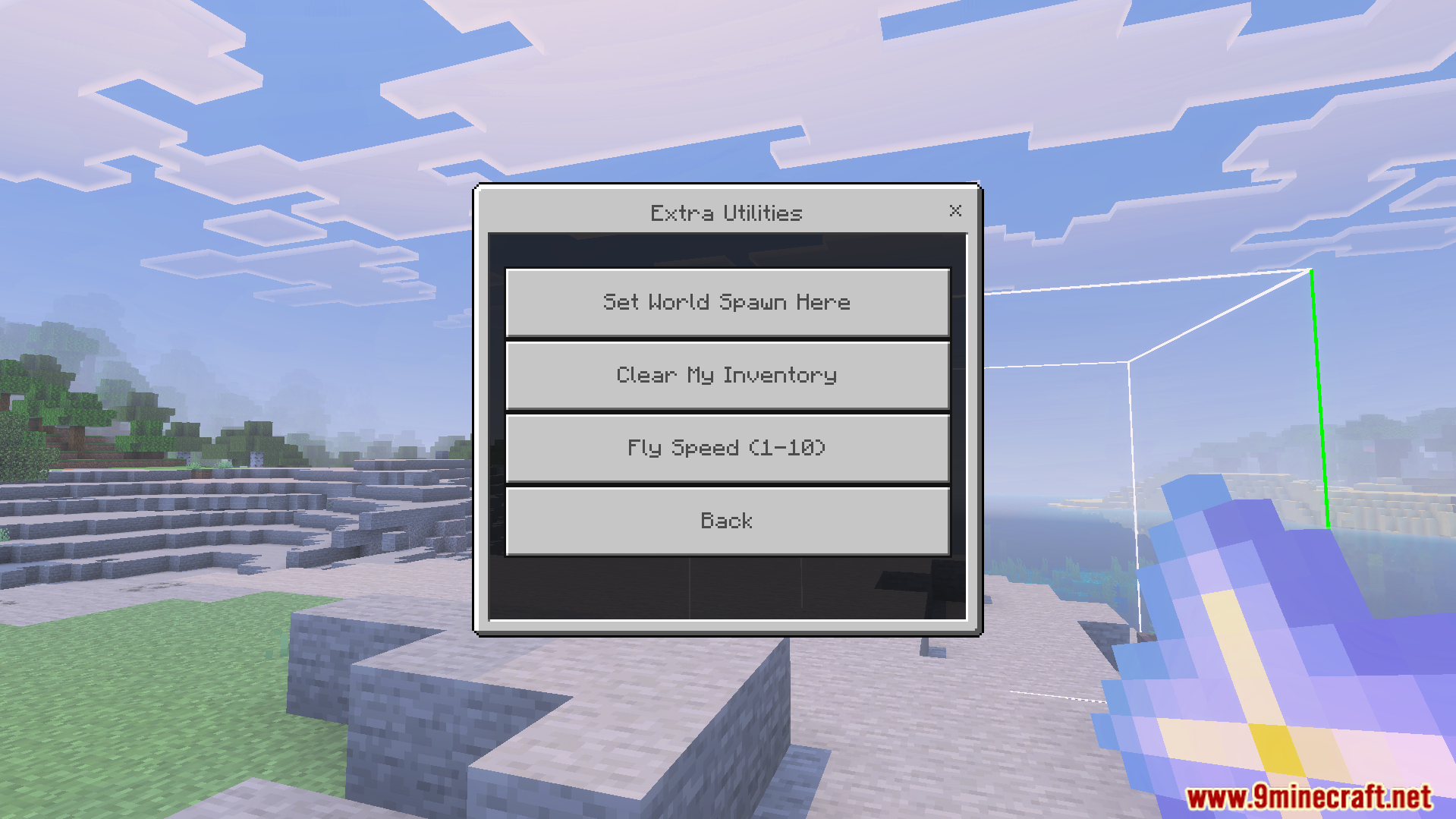 Extra Utilities menu with options for world spawn inventory management and fly speed