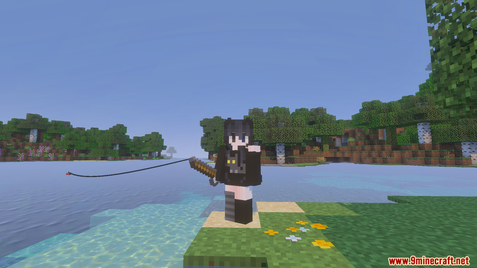 Alice Shader Screenshot 5 A Minecraft character fishing by a scenic lake showcasing the Alice Shader pack