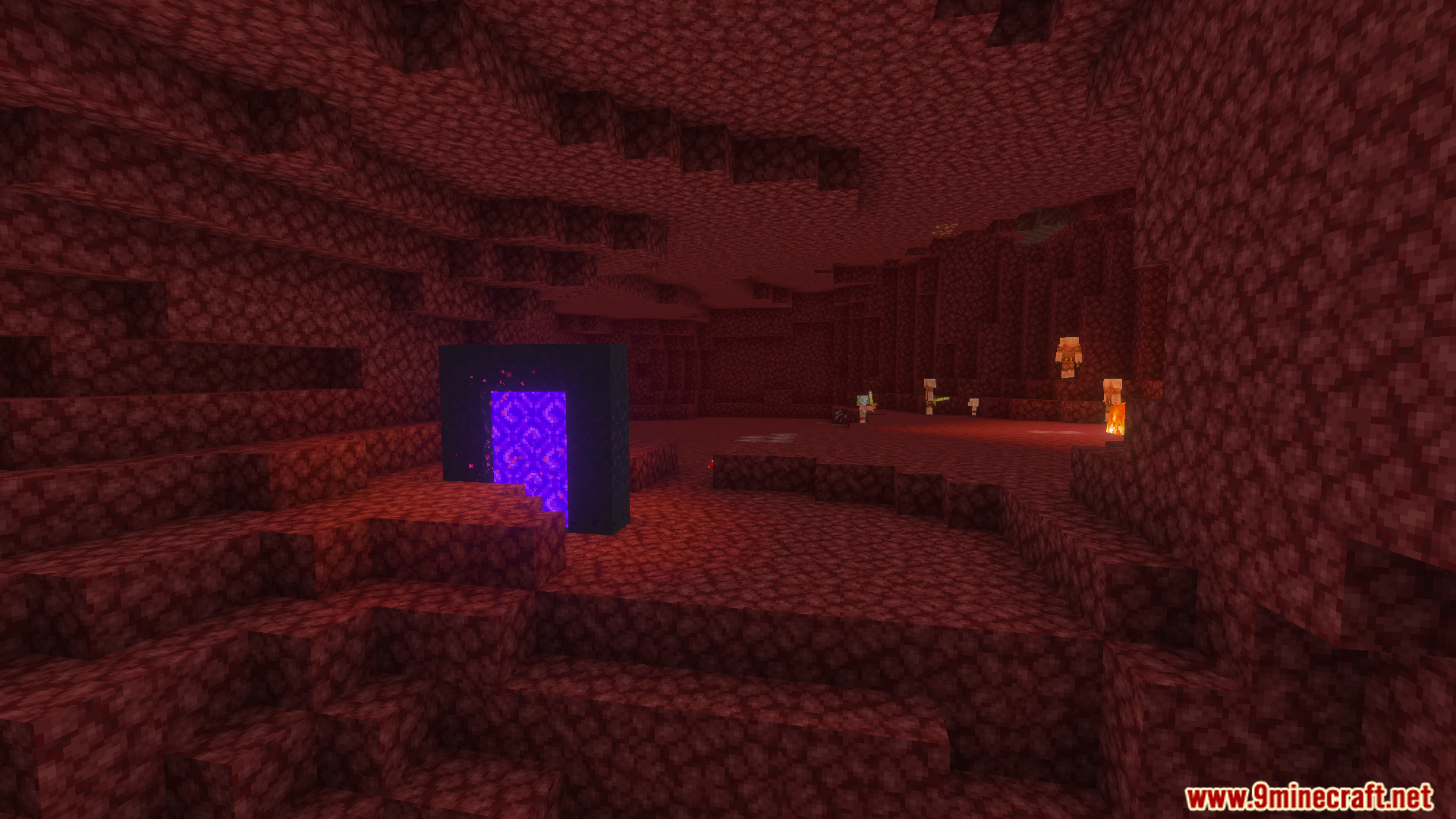 Alice Shader Screenshot 7 A glowing purple Nether portal stands inside a dark red Netherrack cave