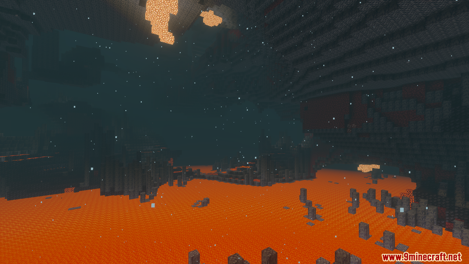 Alice Shader Screenshot 8 Ash particles fall over a vast lava lake with basalt pillars and glowstone