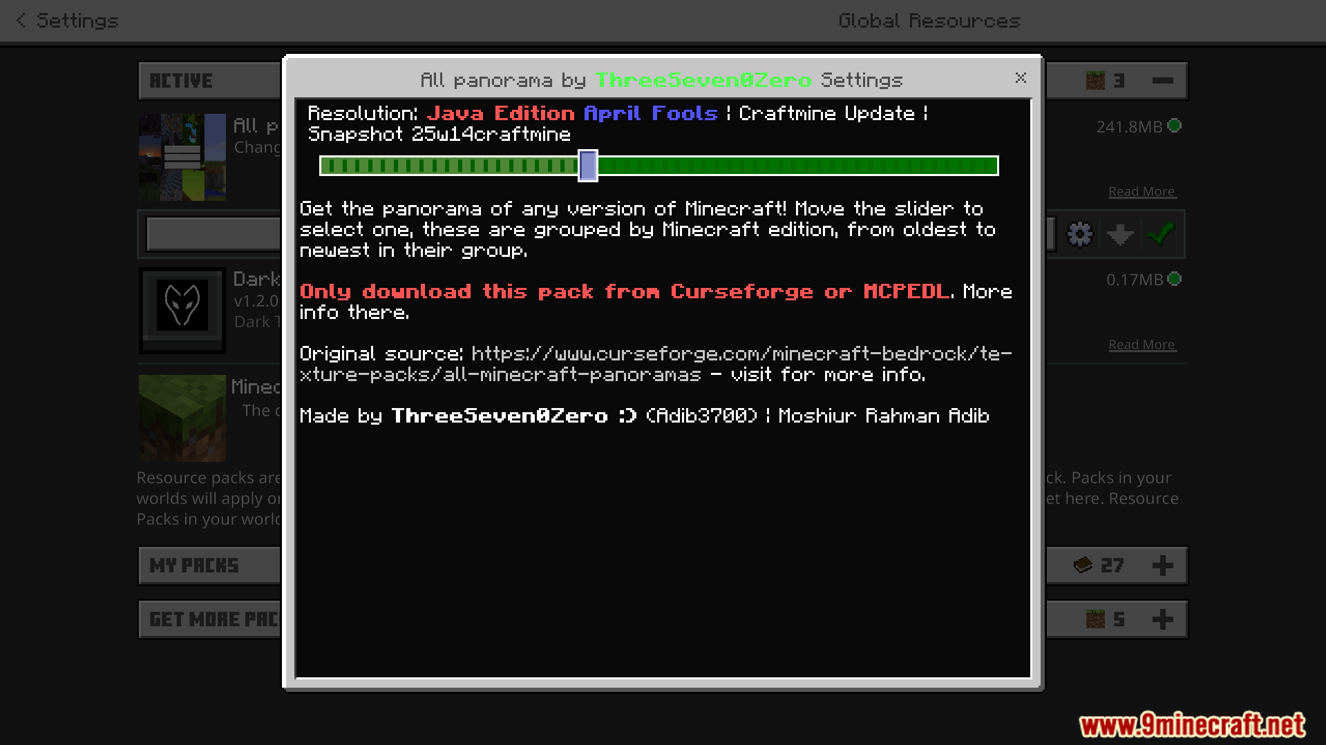 All Minecraft Panorama Texture Pack Screenshot 3 A settings window with a slider to choose various Minecraft menu backgrounds