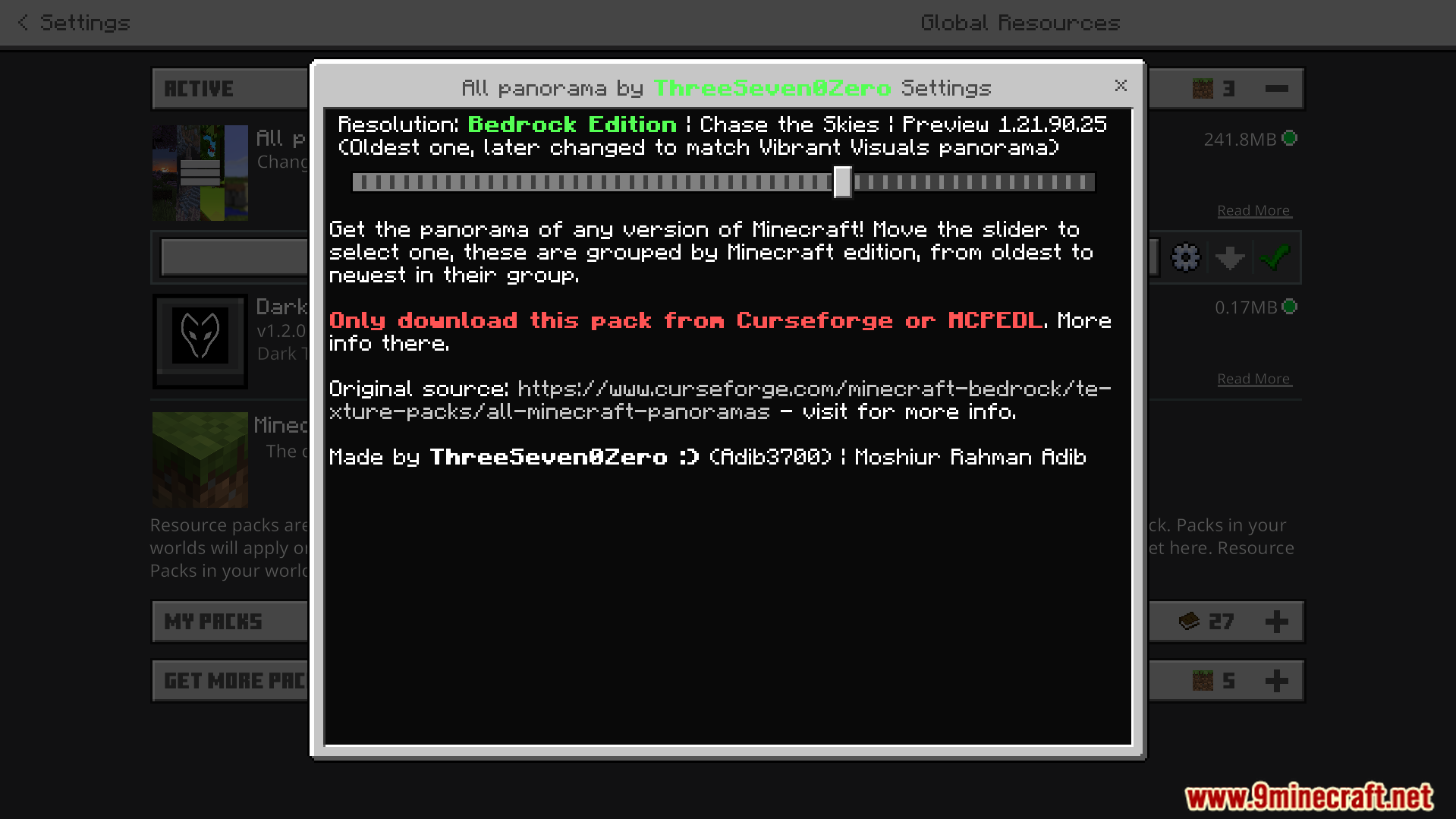 All Minecraft Panorama Texture Pack Screenshot 5 All Minecraft Panorama Texture Pack settings menu with version selection slider