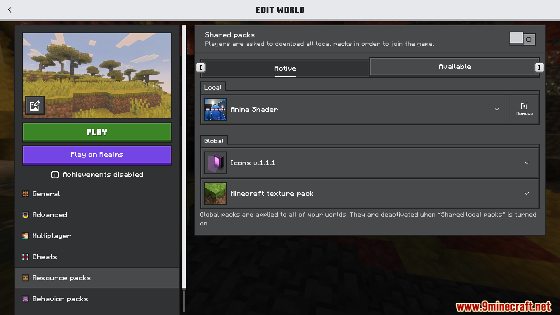 Anima Shader Screenshot 1 Minecraft settings menu showing active resource packs in the edit world screen