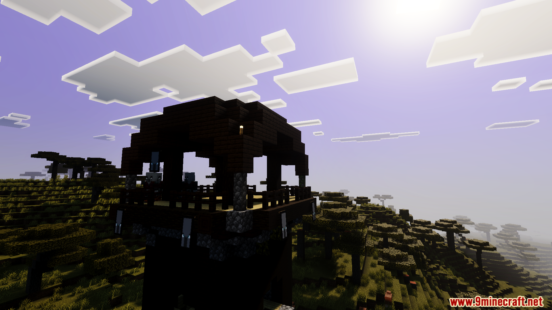 Anima Shader Screenshot 4 A pillager outpost stands in a savanna biome under a bright purple sky