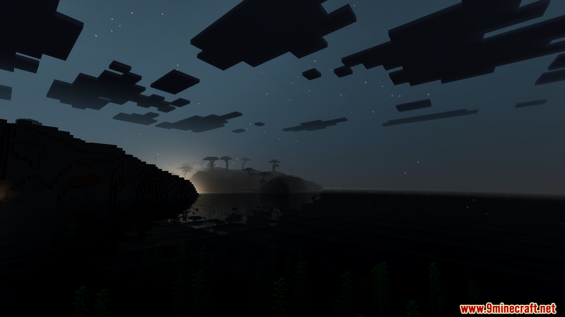 Anima Shader Screenshot 8 Dark island landscape under a starry night sky with realistic shadows and clouds