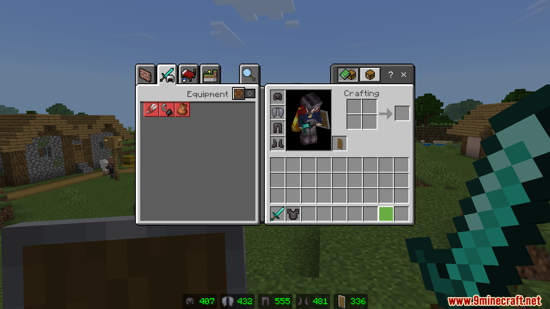 Player inventory showing exact durability numbers for armor and shield