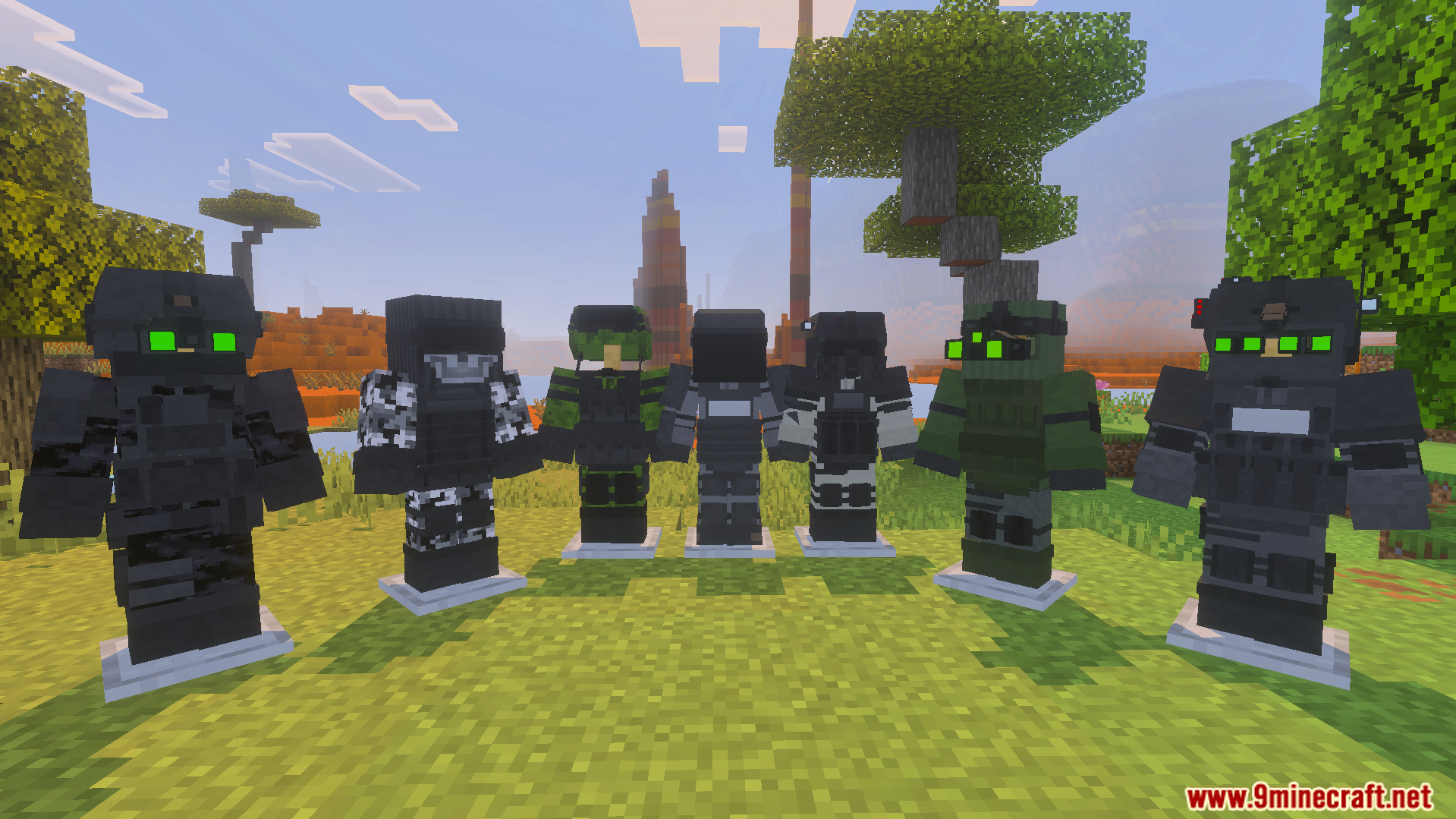 Seven unique modern military armor sets from AST Warfare Armors Addon displayed