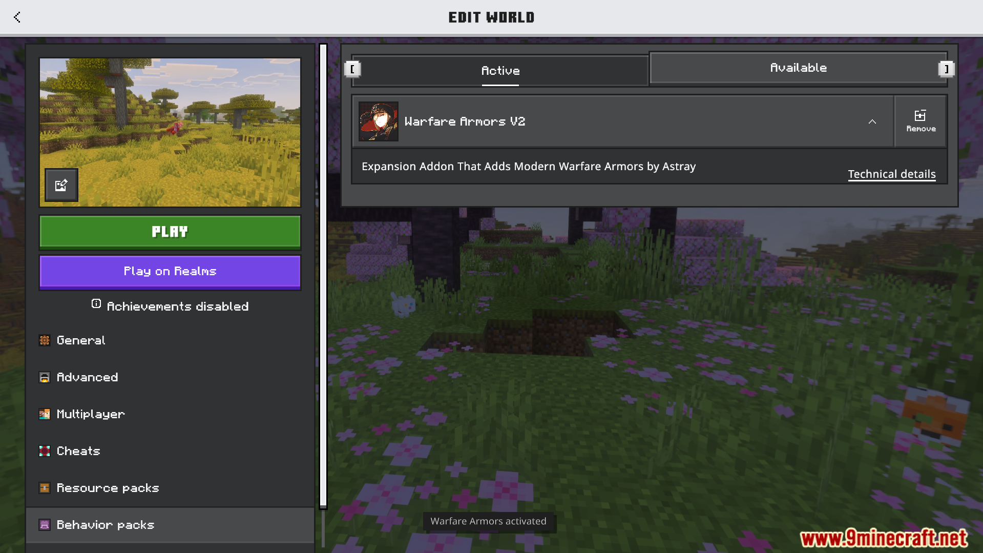 Minecraft Bedrock menu showing the Warfare Armors behavior pack activated for world