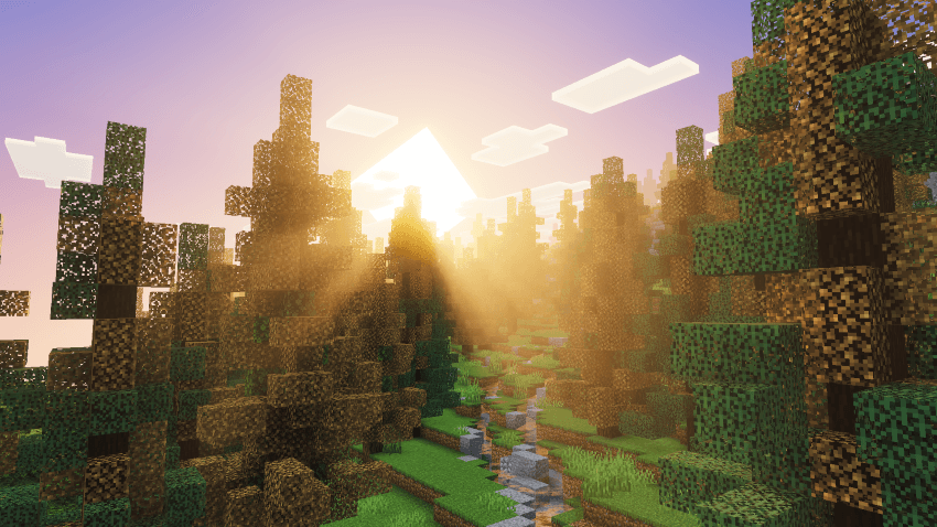 Astralex Visuals Shaders Screenshot 2 A beautiful Minecraft forest scene featuring realistic sunset lighting effects