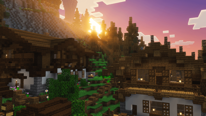 Astralex Visuals Shaders Screenshot 5 A scenic Minecraft Bedrock village featuring detailed wooden mountain houses