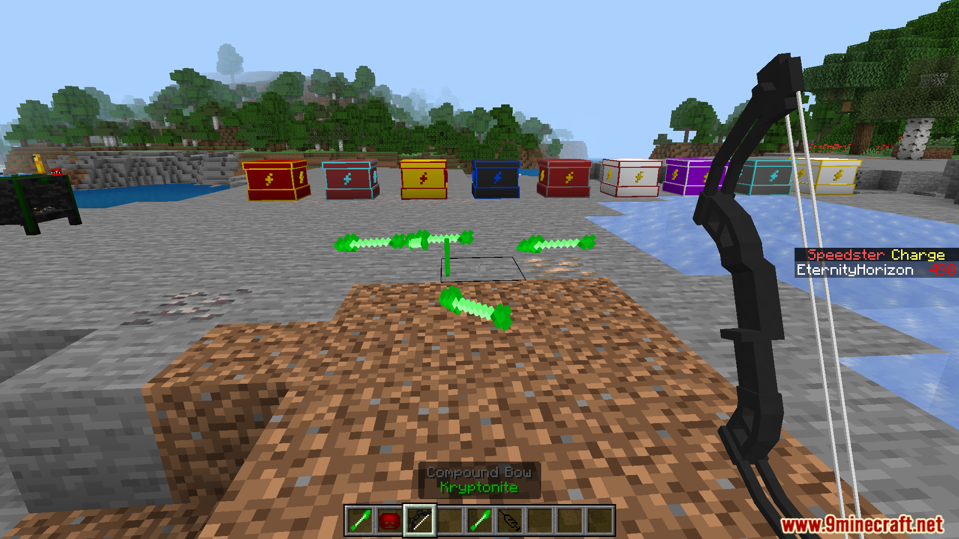 Avras Heroes the Flash Addon Screenshot 7 Player holding a compound bow with green arrows near several colorful speedster chests