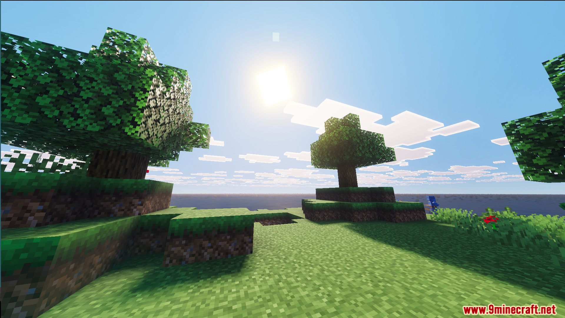 BakuBuilds Survival Island Map Screenshot 2 A small grassy island with trees under a bright sun in the ocean