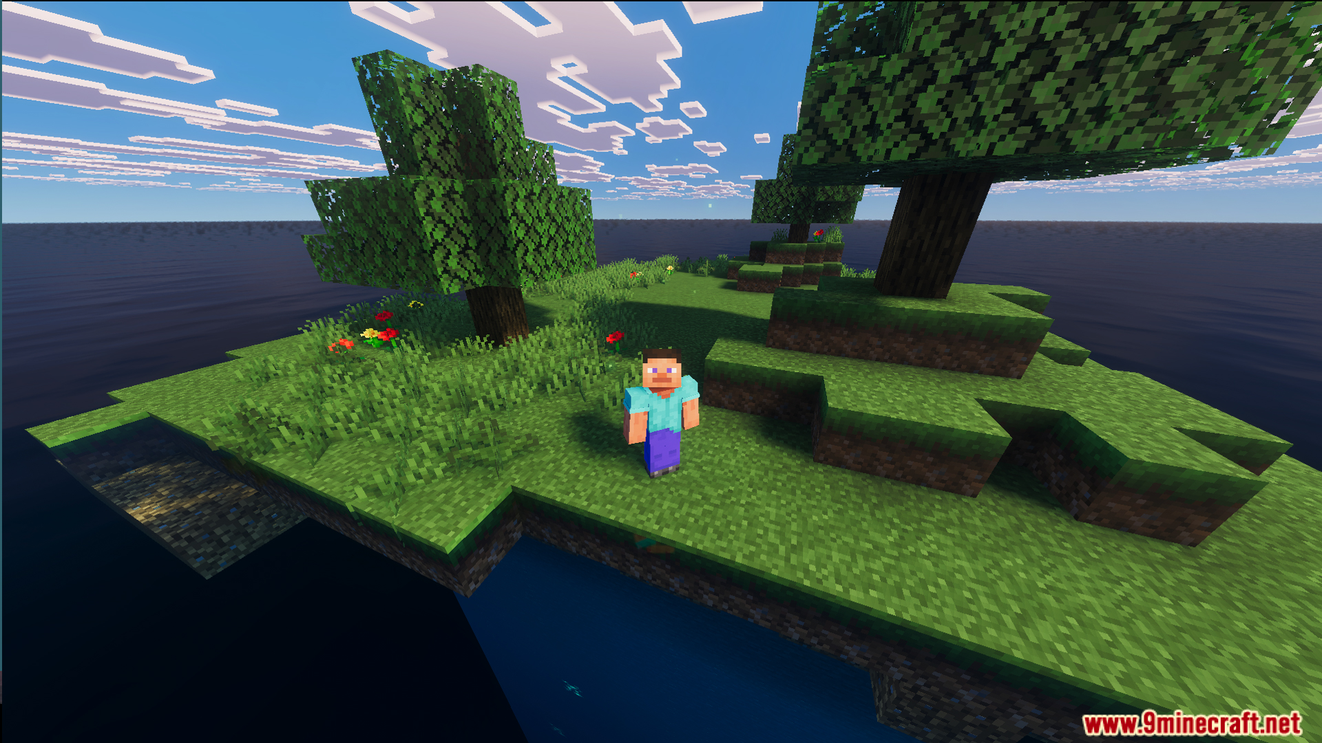 BakuBuilds Survival Island Map Screenshot 3 Player standing on a small grassy island with three trees and flowers