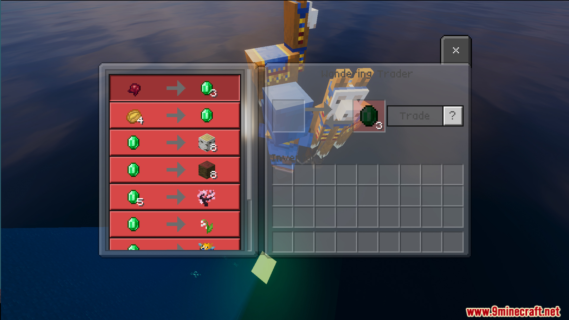 BakuBuilds Survival Island Map Screenshot 8 Wandering Trader interface showing trades for cherry saplings and flowers for emeralds