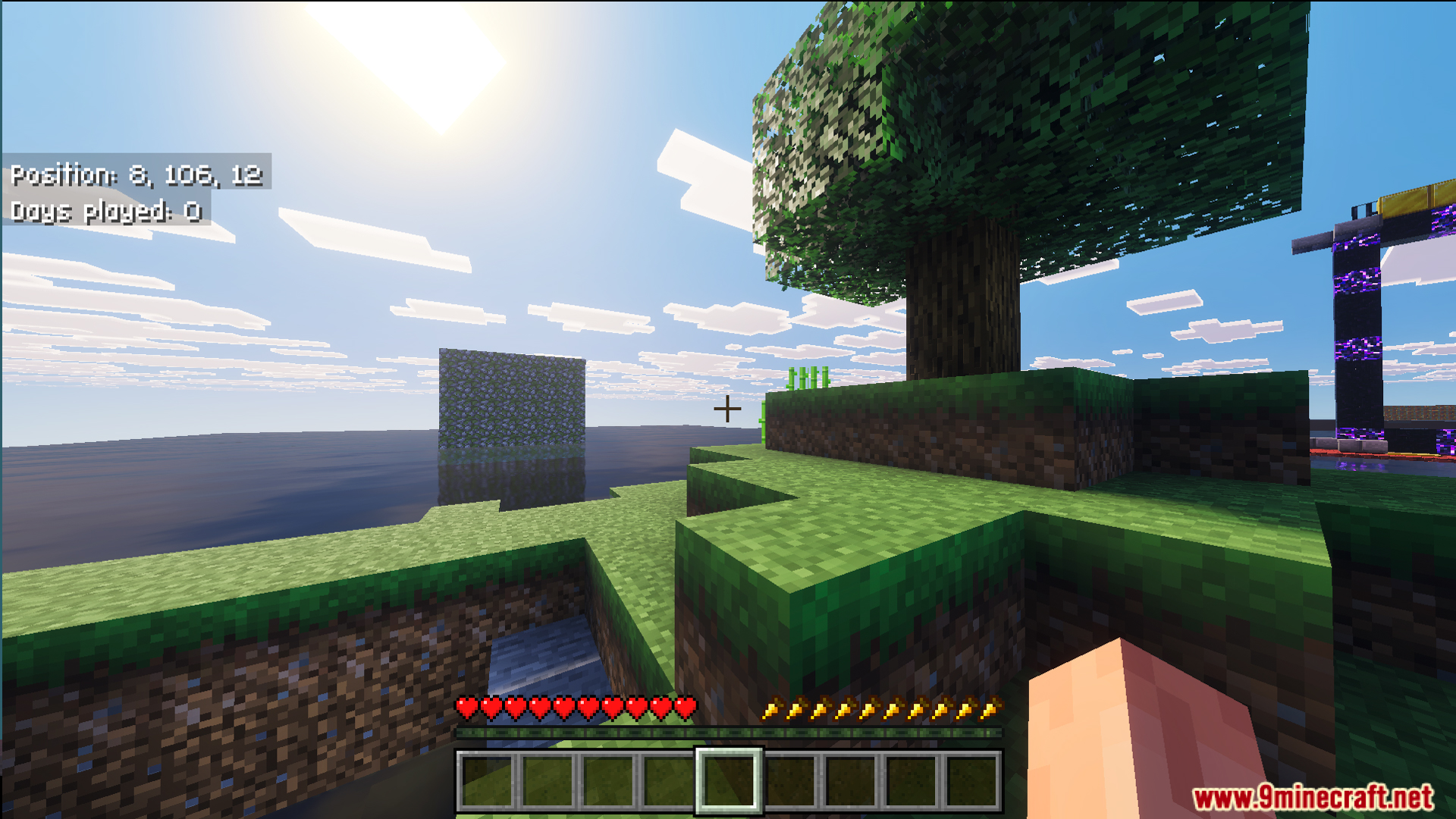 BakuBuilds Survival Island Map Screenshot 11 Player on a tiny grassy island with a tree and a ruined portal