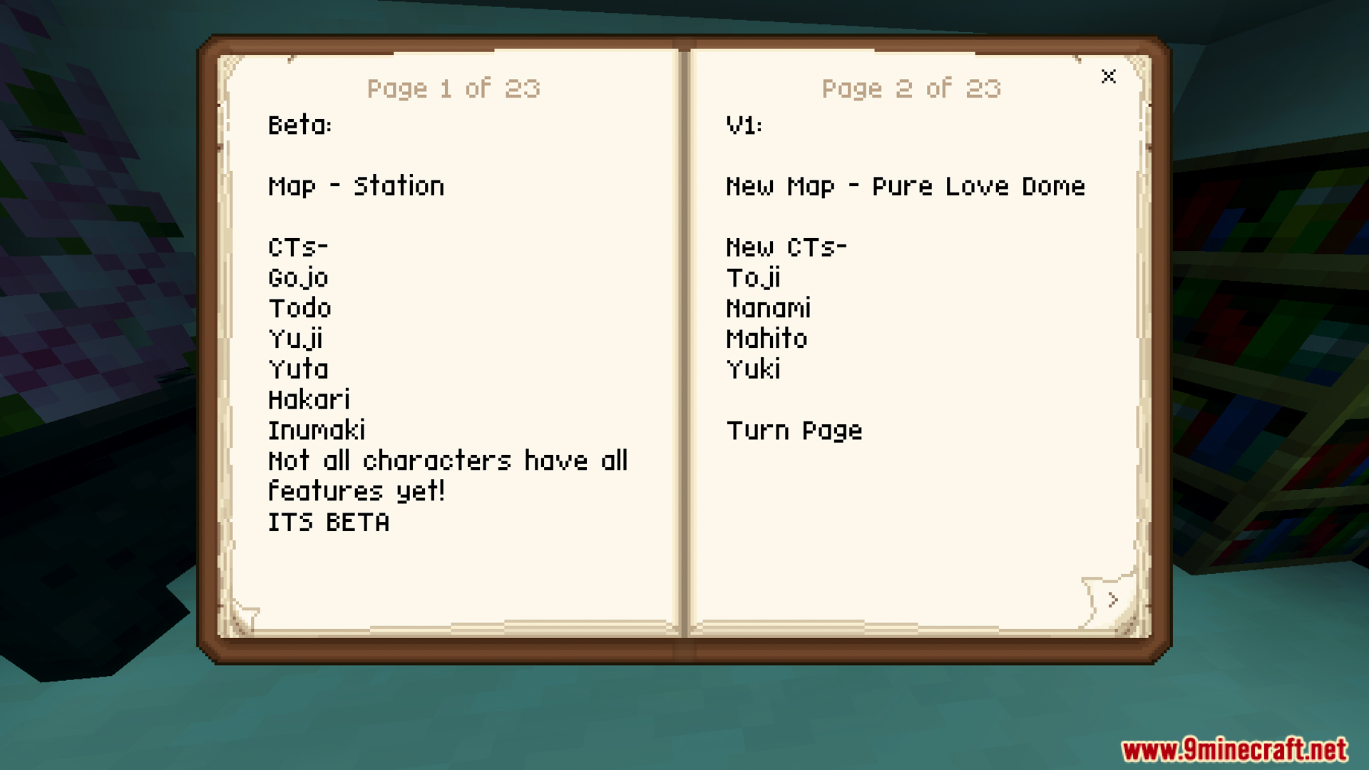 A Minecraft book displaying character kits like Gojo and Yuji for battle