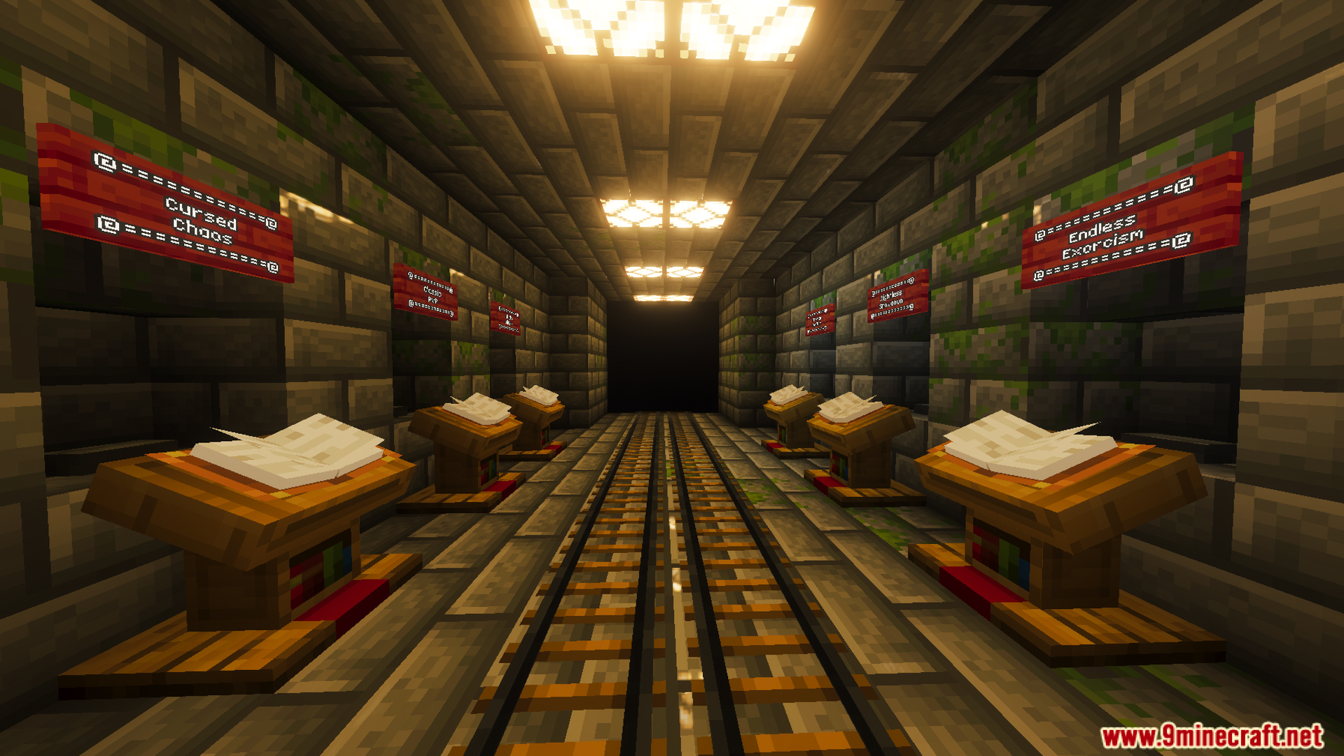 Stone brick tunnel with minecart tracks and lecterns for selecting character kits