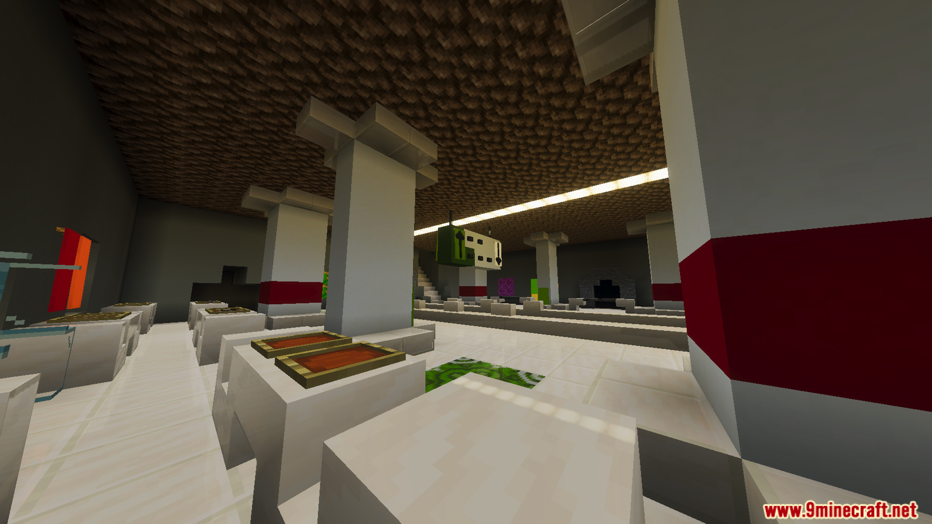 Ticket gates and white pillars inside a custom subway station battleground arena