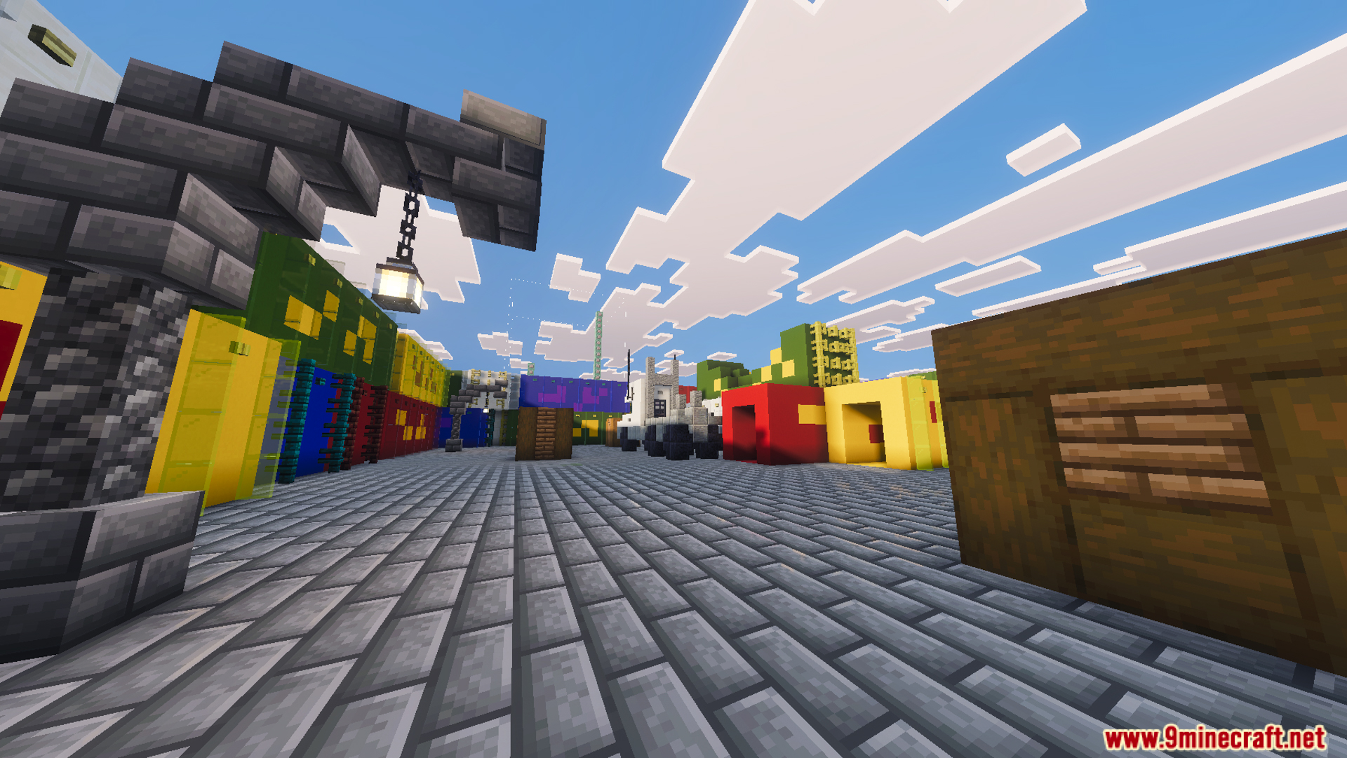 Ground level view of the playground mode area with colorful blocks and white truck