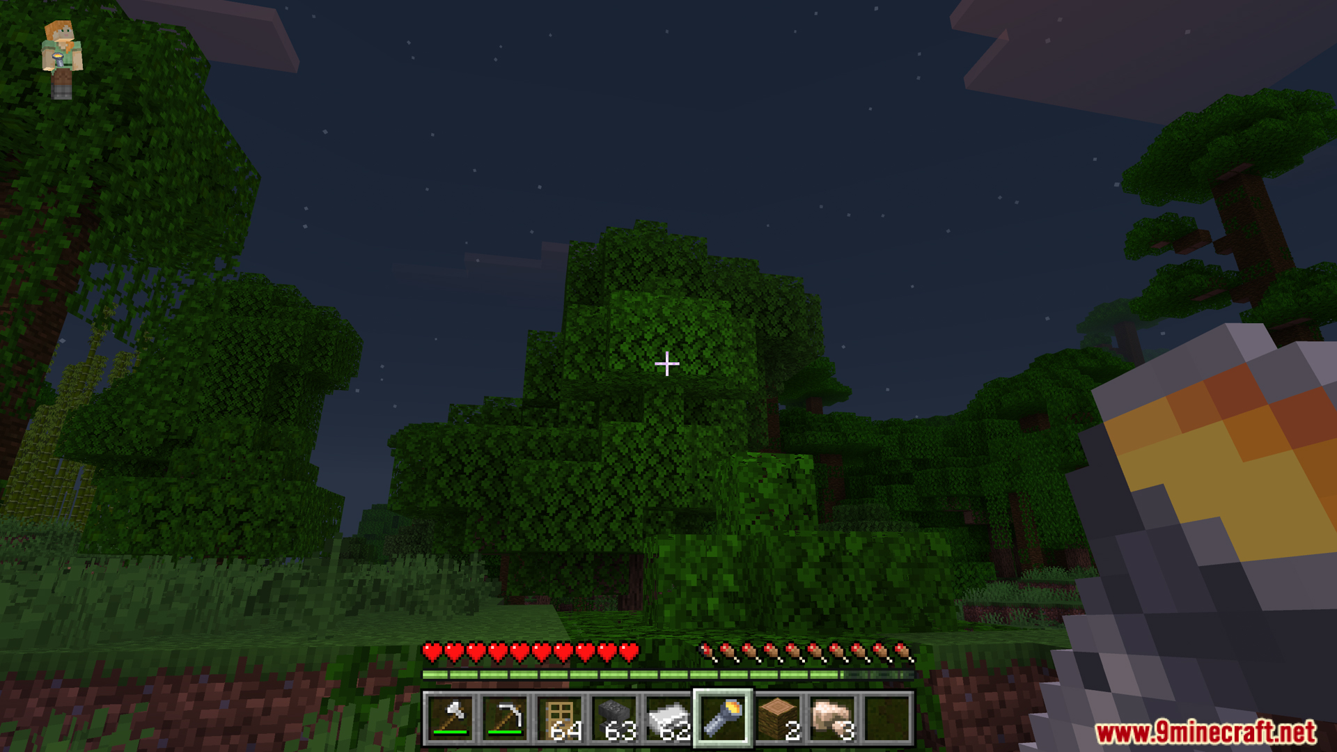 A player explores a dark jungle at night with tools