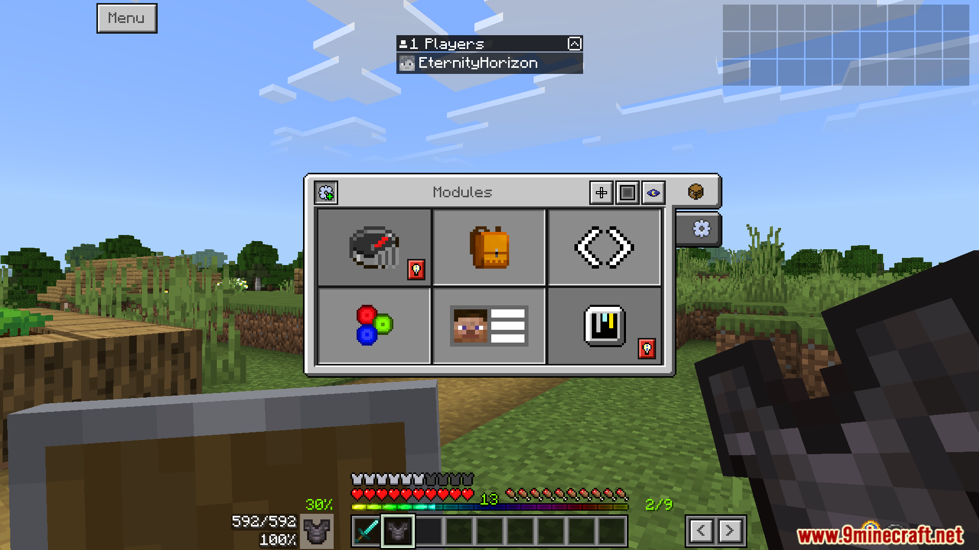 The user interface shows helpful information like your armor durability percentage