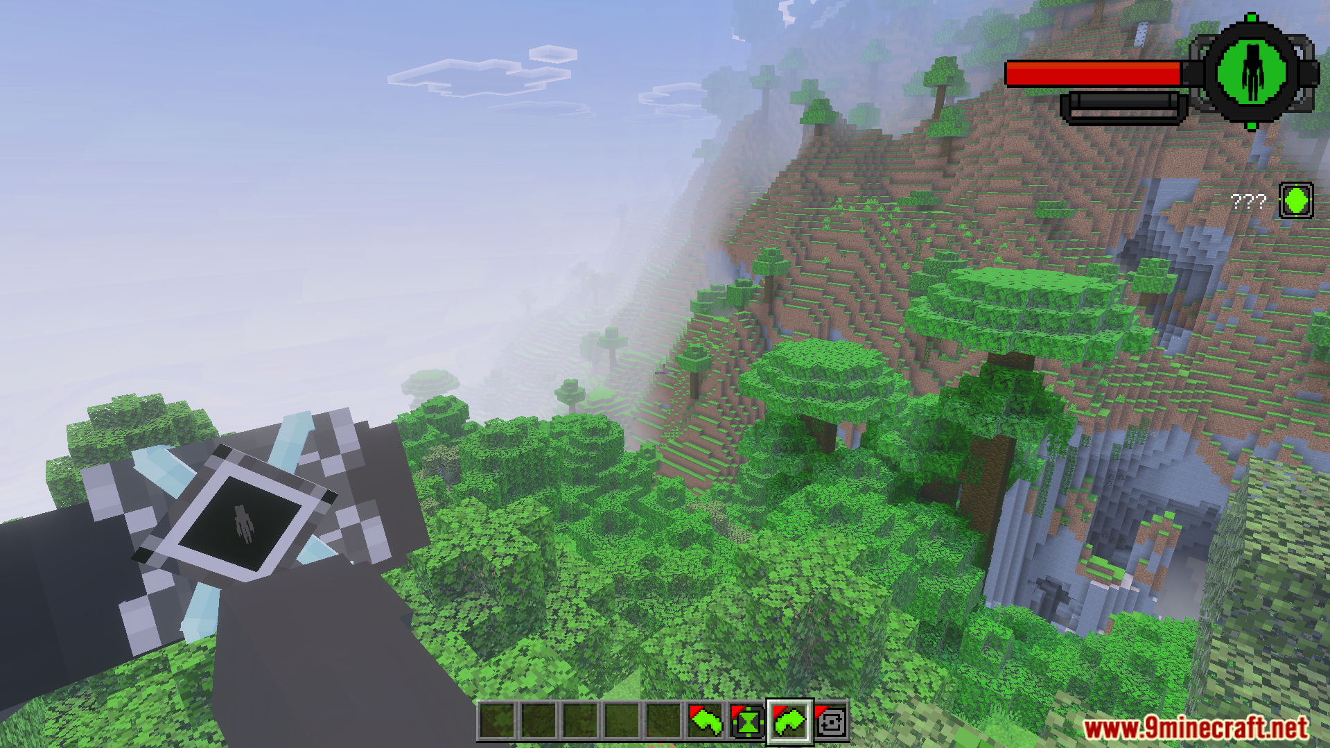 Player viewing a forested landscape with a custom watch interface