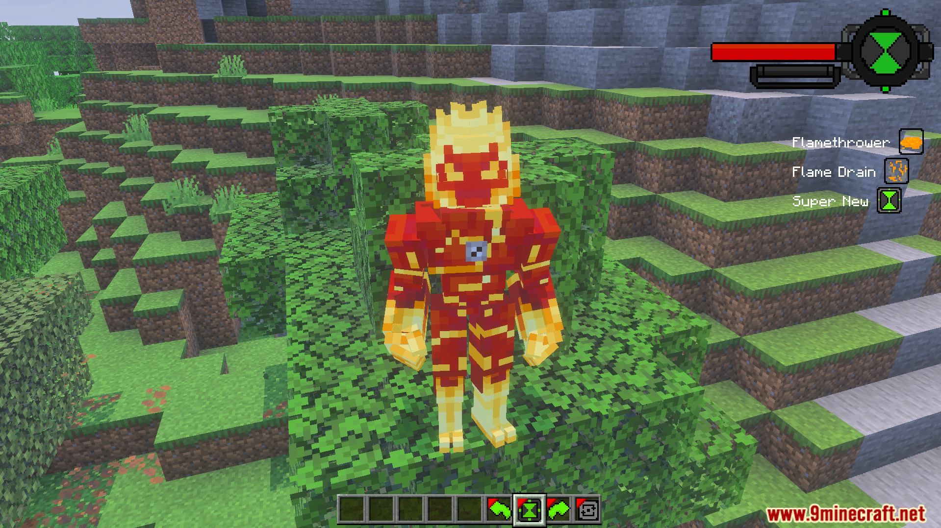 Player transformed into Heatblast alien standing on leaves with custom UI