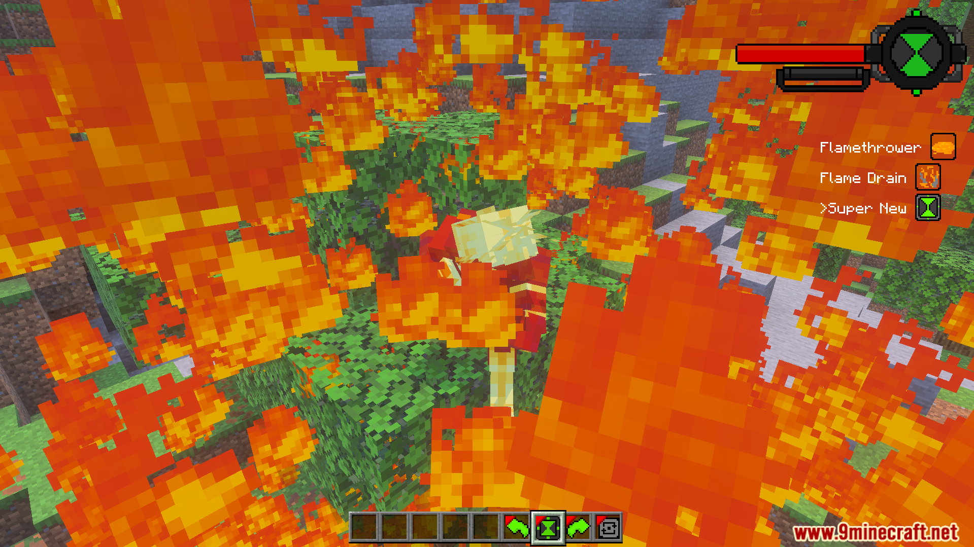 Heatblast alien using a powerful fire attack ability surrounded by flames