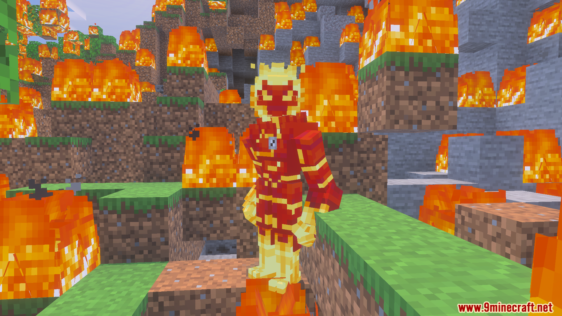 Player uses Omnitrix to transform into Heatblast alien in the world
