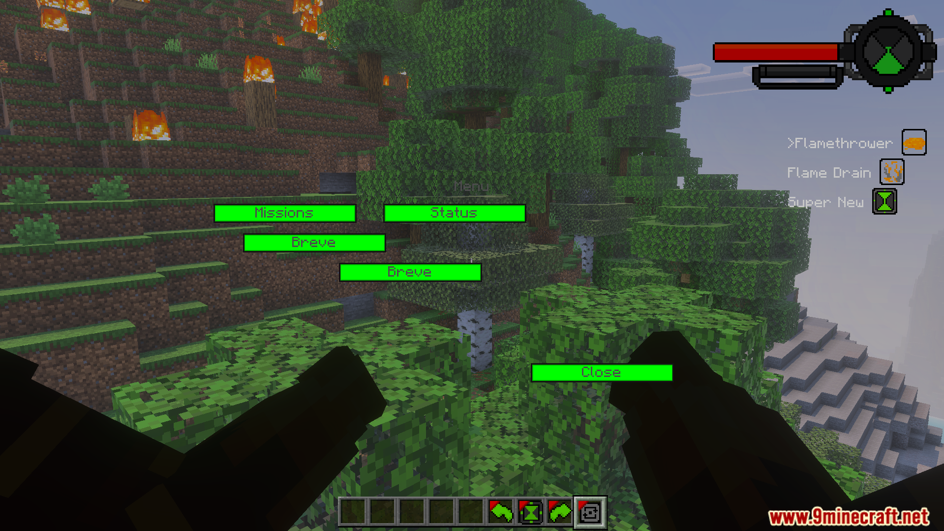 Player using Omnitrix menu with green buttons in forest
