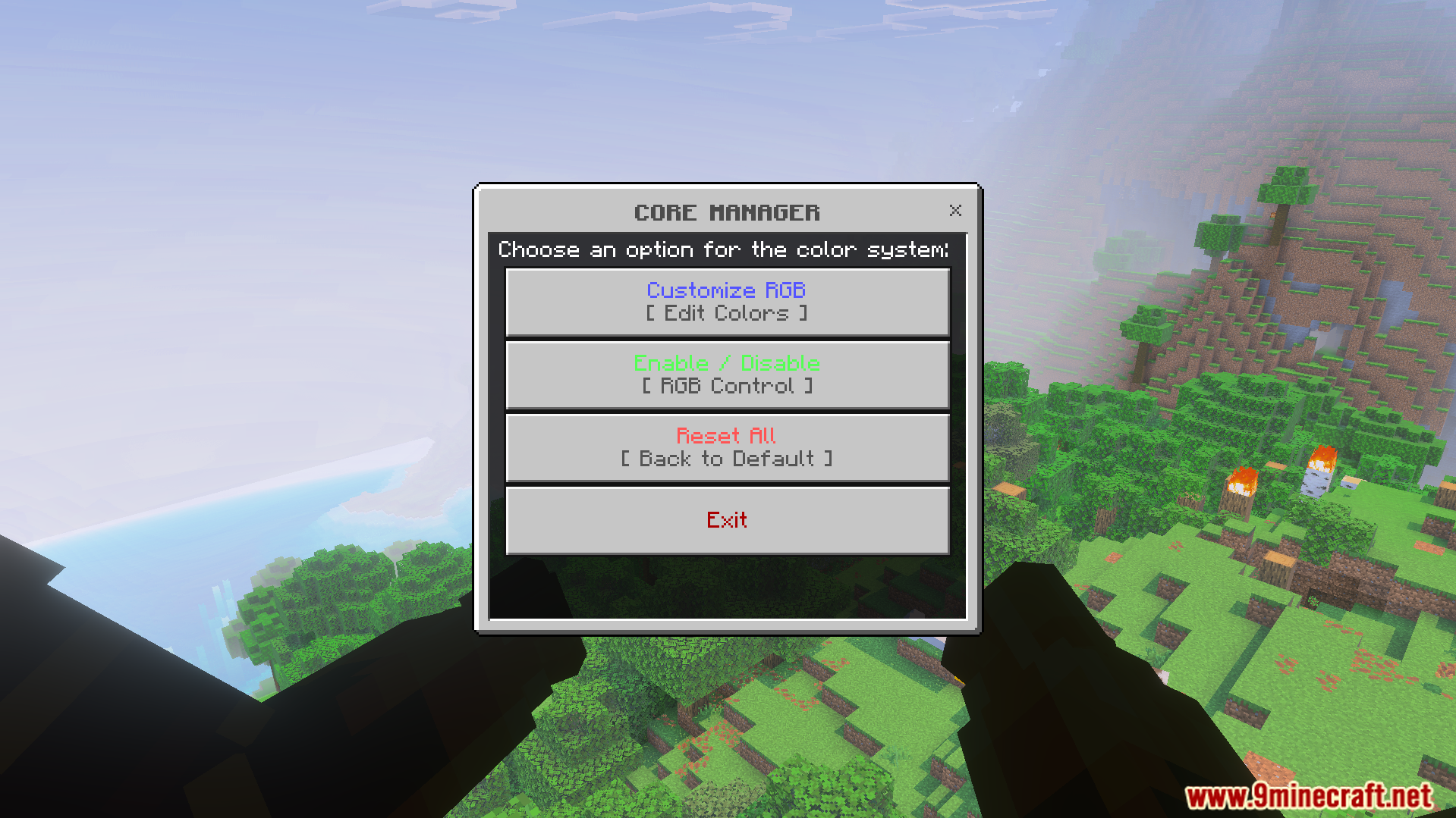 Core Manager menu showing color system options in game