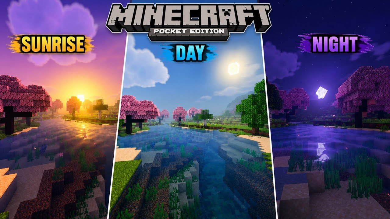 Best Minecraft PE Shader Screenshot 2 Sunrise, day and night comparison in a cherry blossom biome with water reflections
