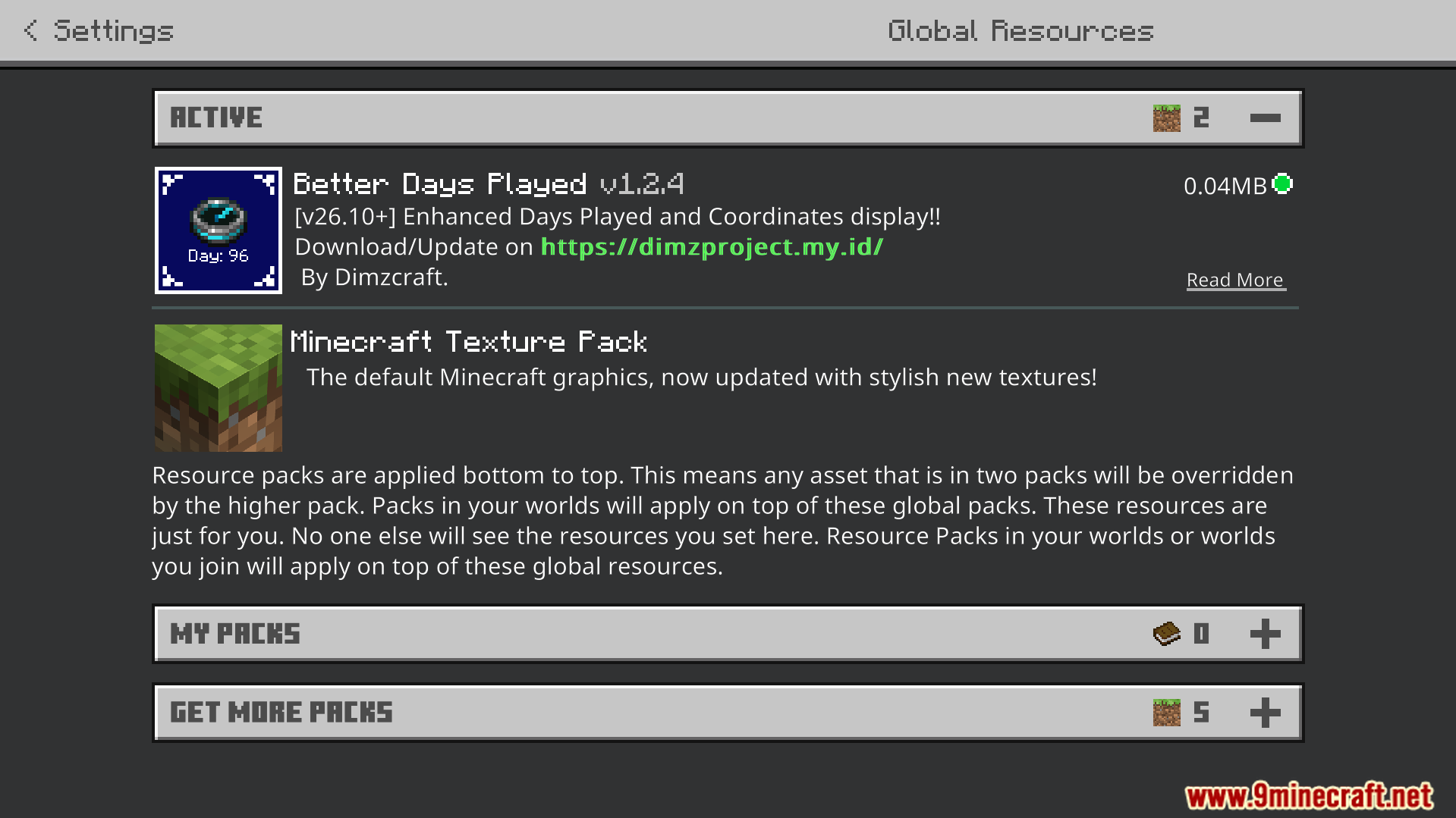 Better Days Played Texture Pack Screenshot 1 Activating the resource pack from the global resources settings menu