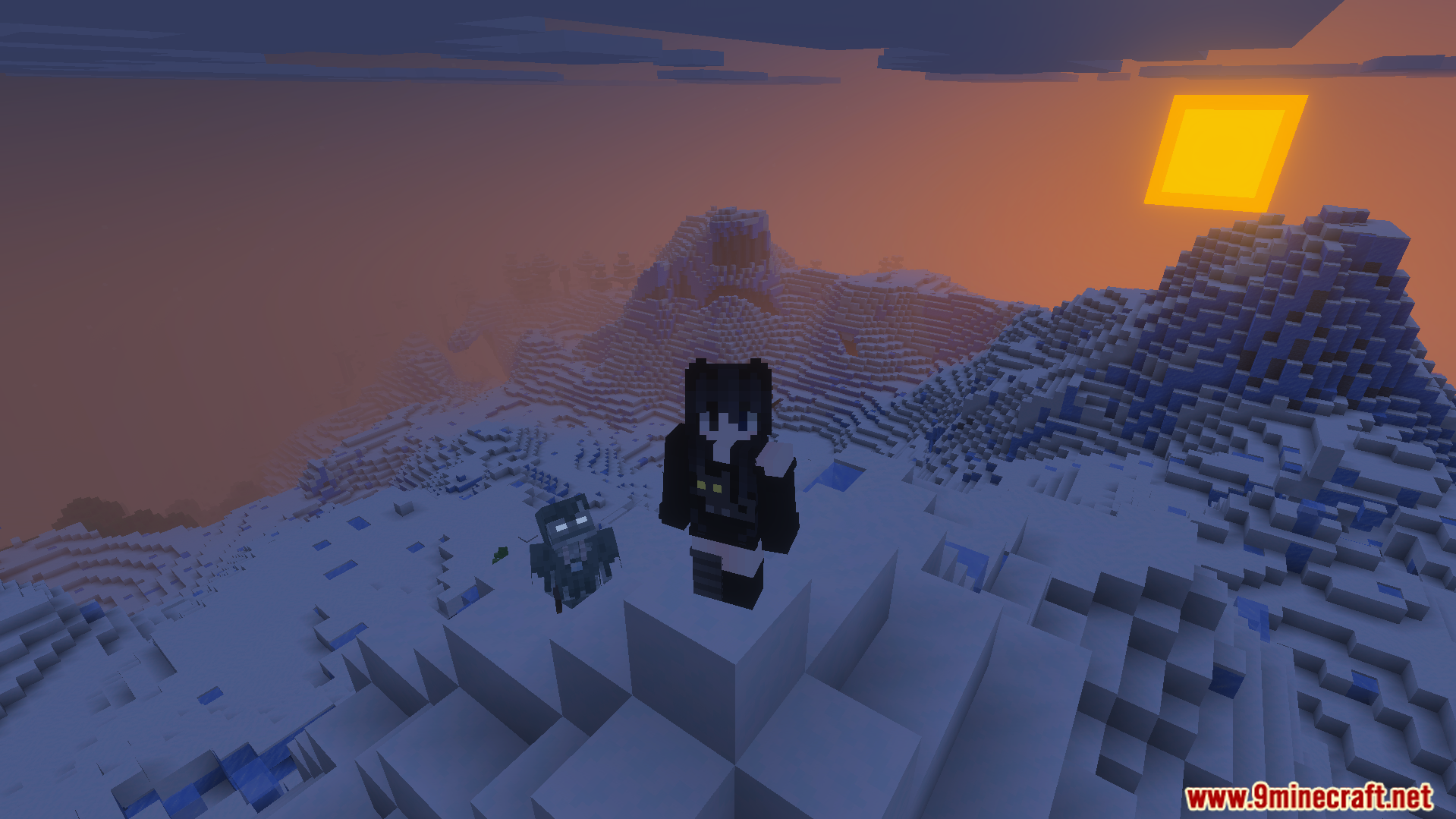 Better Dynamic Light Addon Screenshot 3 A player stands on a snowy mountain peak with a mob at sunset