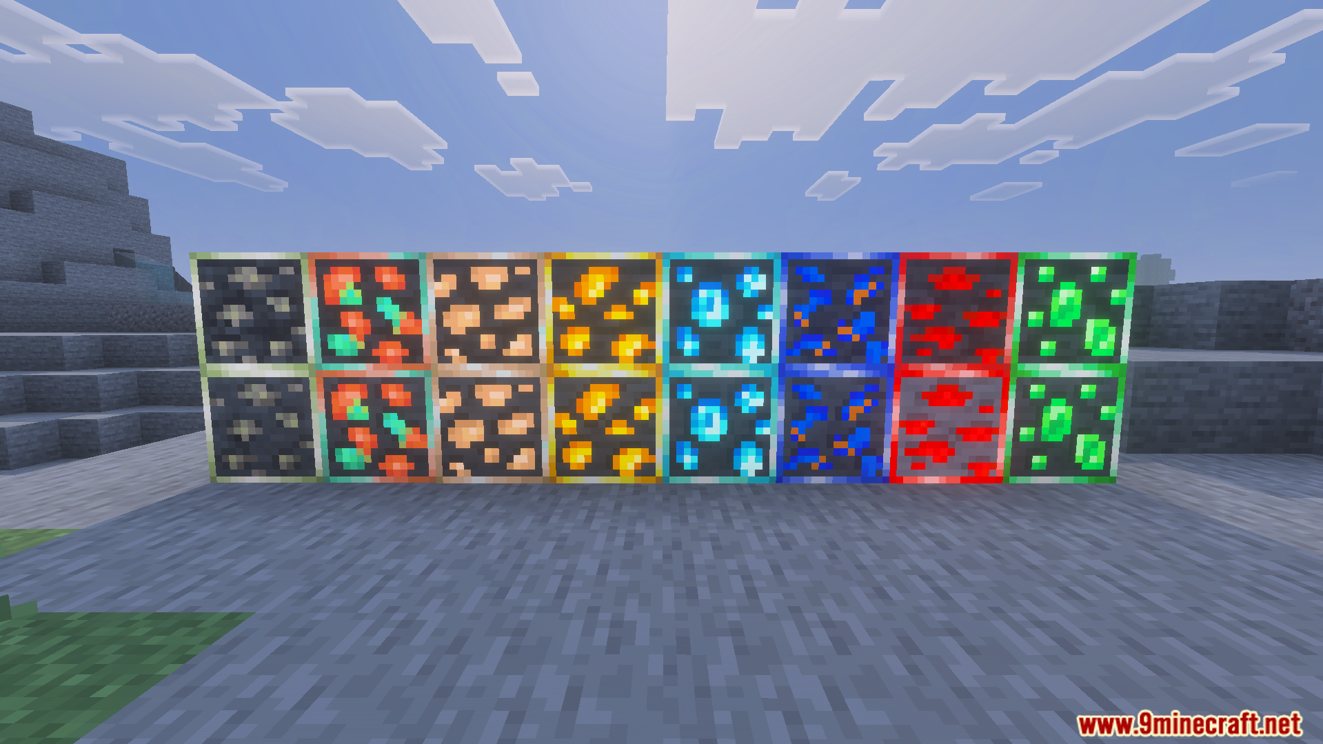 Better Glowing Ores Texture Pack Screenshot 2 Various glowing ore blocks displayed in a row