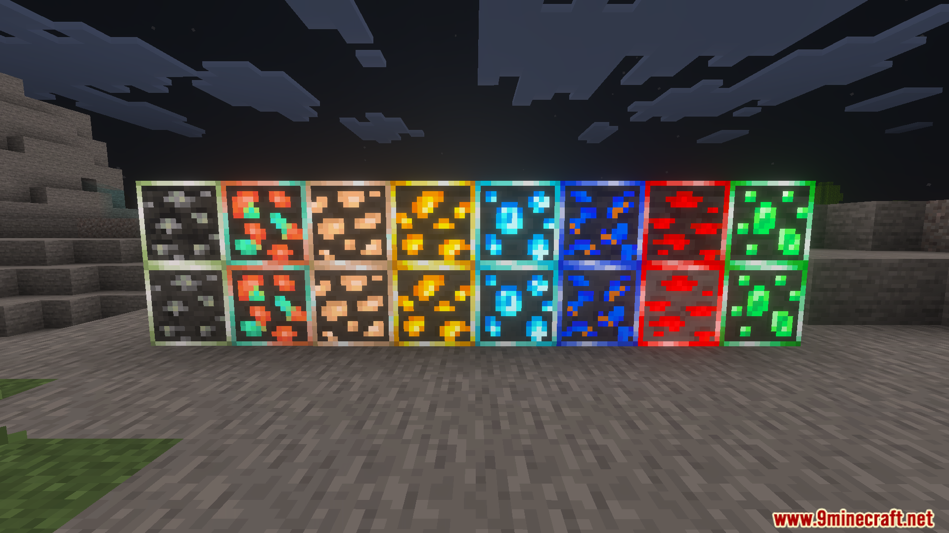 Better Glowing Ores Texture Pack Screenshot 3 Row of different glowing ore blocks shining brightly in the dark