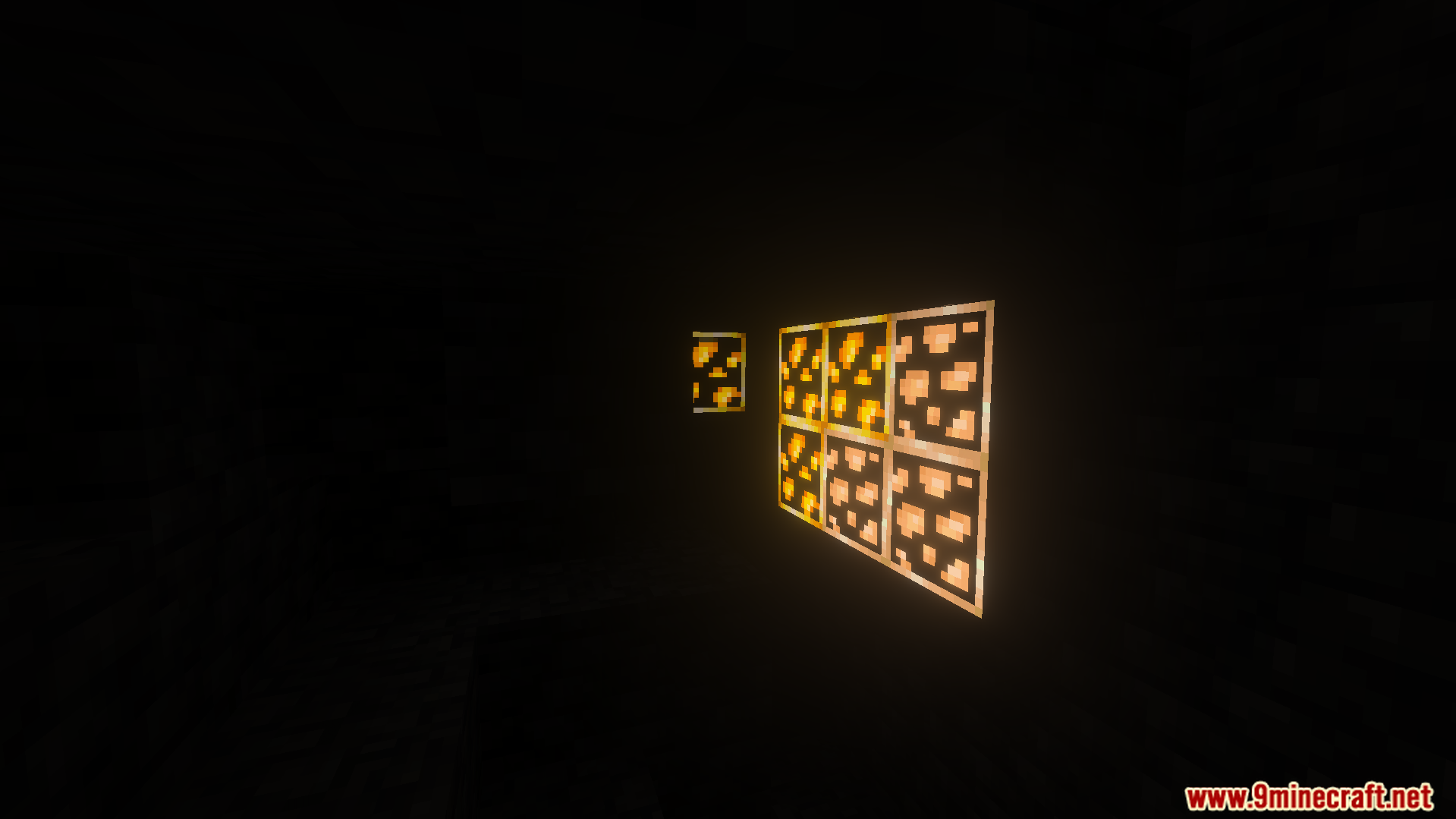 Better Glowing Ores Texture Pack Screenshot 6 close up of glowing ore blocks in a dark cave